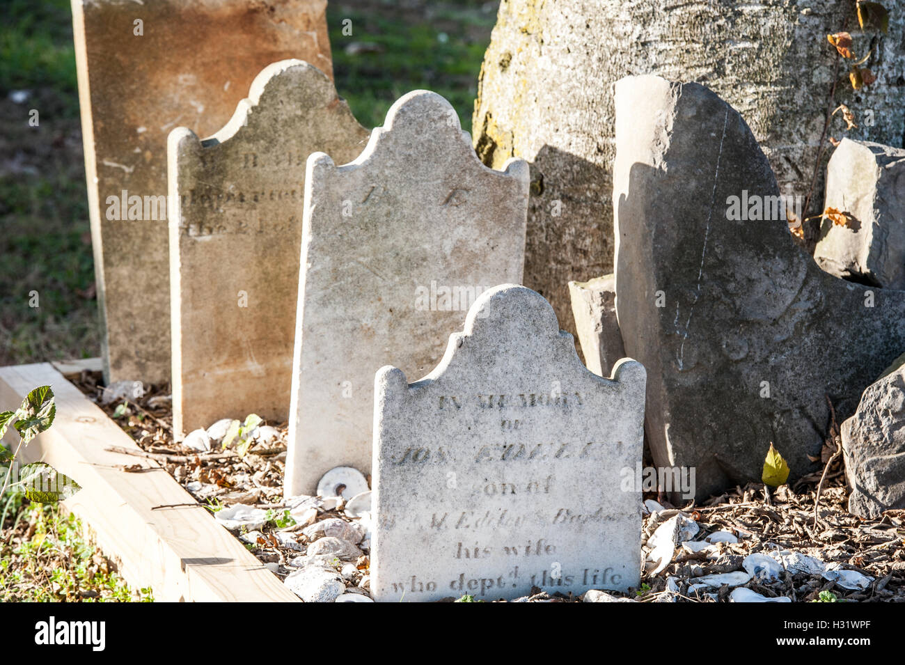 Grabsteine in einer Grabstätte auf einem Bauernhof in Maryland Stockfoto