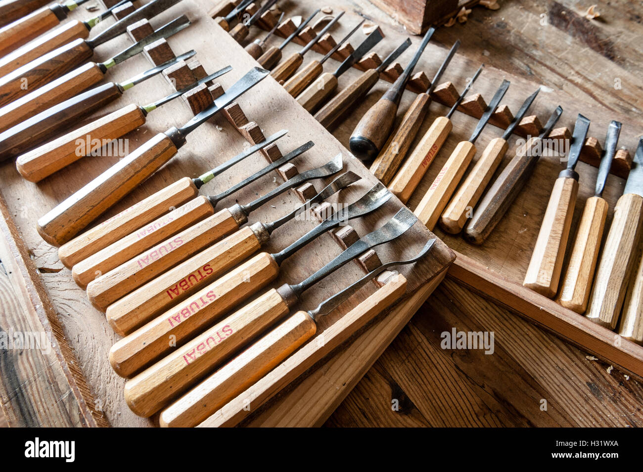 Holzschnitzerei Werkzeuge in einem Studio in Pennsylvania. Stockfoto