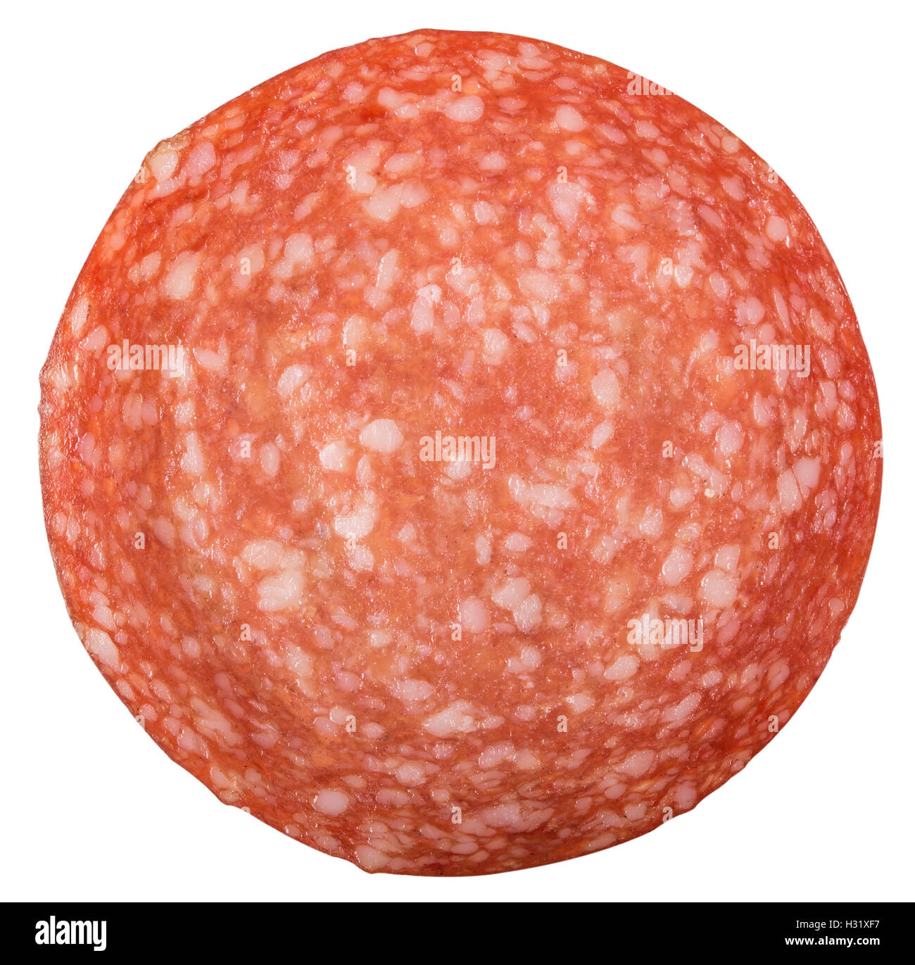 Salami. Wurst-Scheibe isoliert auf weißem Hintergrund mit Beschneidungspfad enthalten Stockfoto
