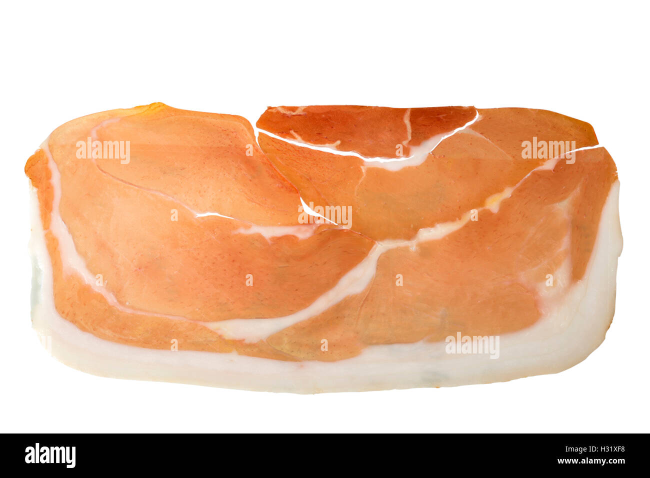 Trocknen Sie mit Clipping-Pfad enthalten geheilt geräucherte Schweinefleisch Schinken Schinken Scheibe isoliert auf weißem Hintergrund Stockfoto