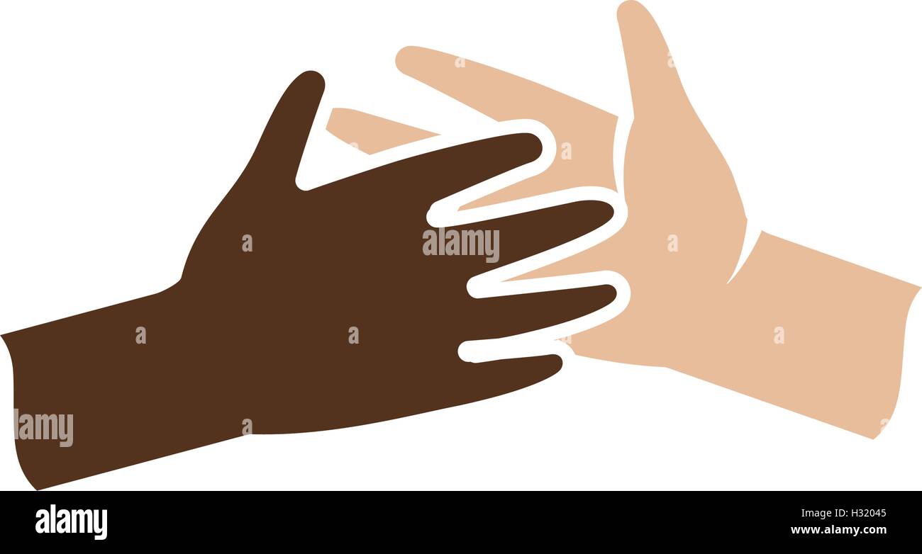 Isolierte abstrakte dunkle und helle Haut menschliche Hände zusammen Logo. Schwarz und weiß Menschen Freundschaft Schriftzug. Geben Sie fünf Geste. Interracial Hilfe Zeichen. Symbol für Gleichberechtigung. Vektor-Illustration. Stock Vektor