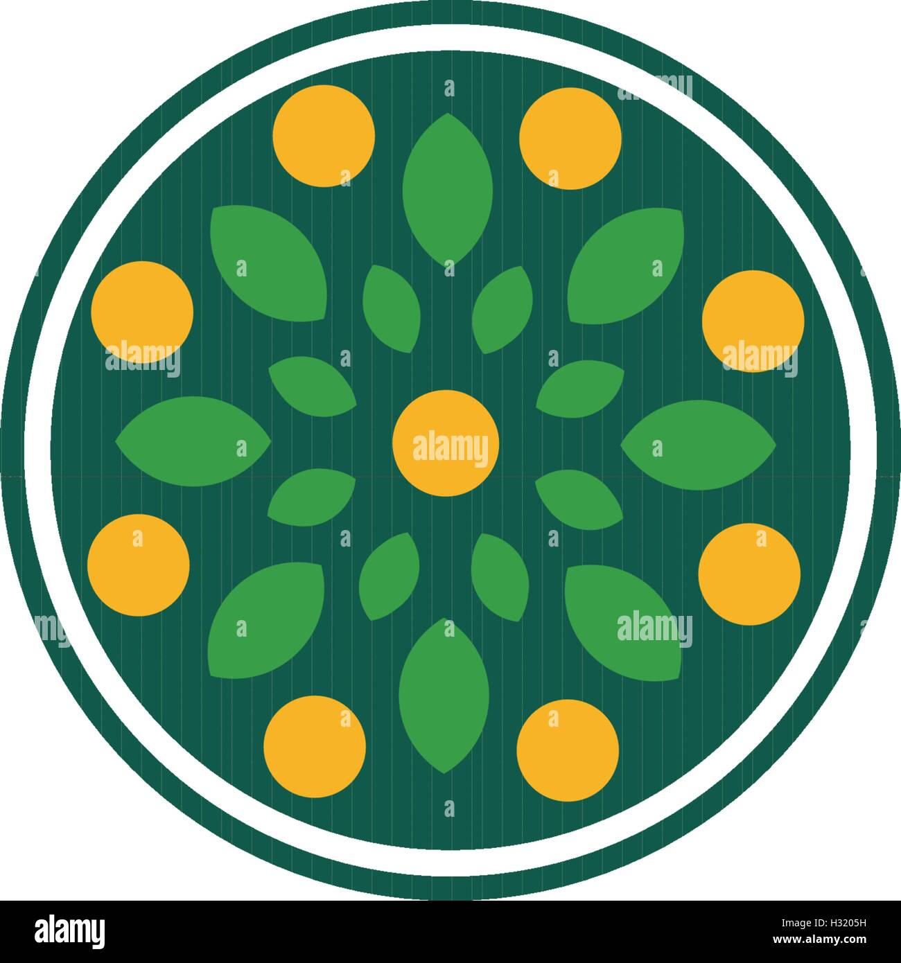 Isolierte abstrakt Runde Form grün Logo. Blumen dekorative Logo. Blätter mit orange Früchte Zeichen. Symbol für gesunde Produkte. Stock Vektor