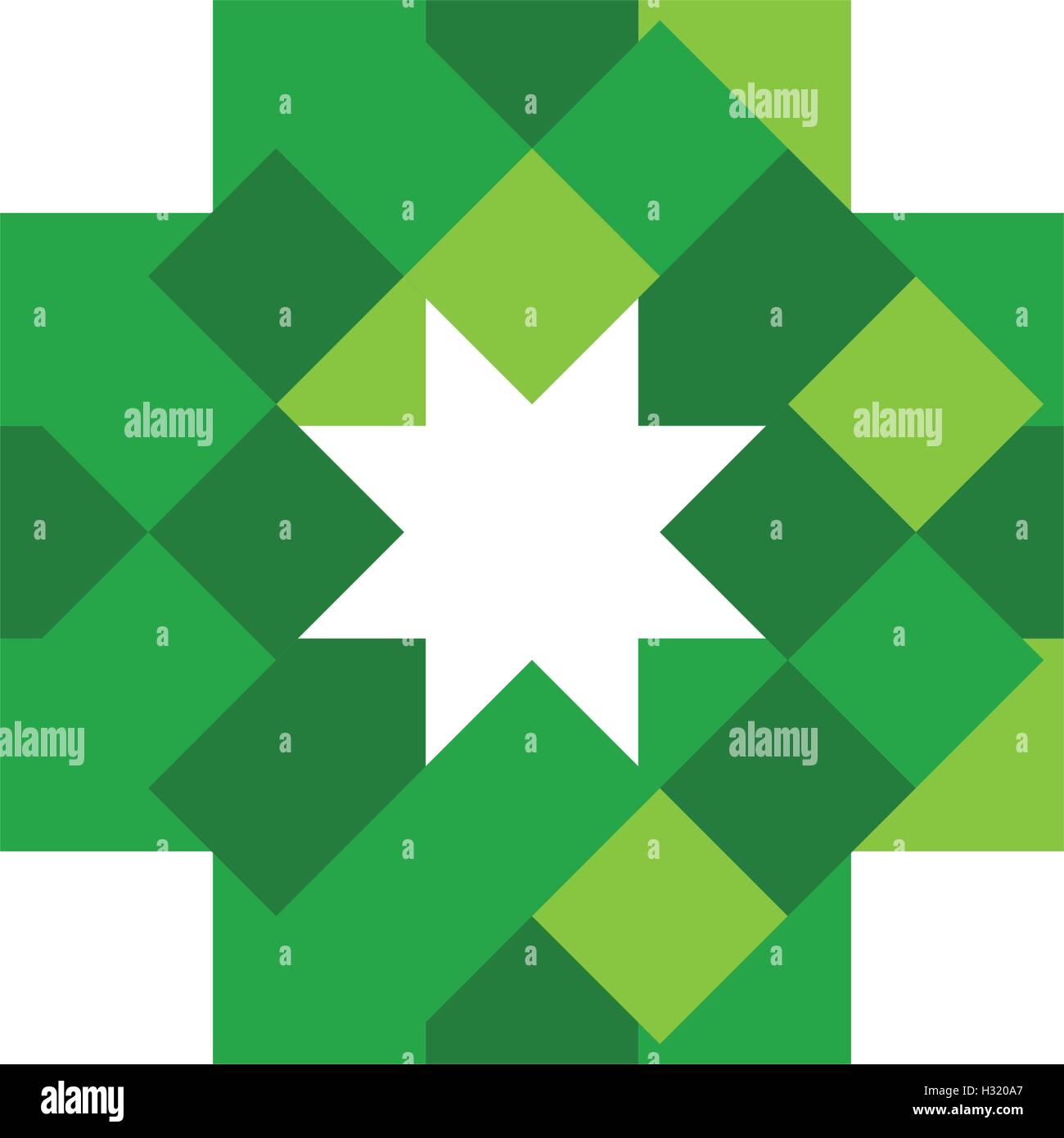 Grün isoliert Mosaik Kreuz Logo. Kachel-Element. Religiöses Zeichen. Medizinischen Symbol. Krankenhaus-Ambulanz-Emblem. Doctor es Office-Symbol. Gesundheitswesen-Symbol. Vektor-Kreuz Abbildung. Stock Vektor