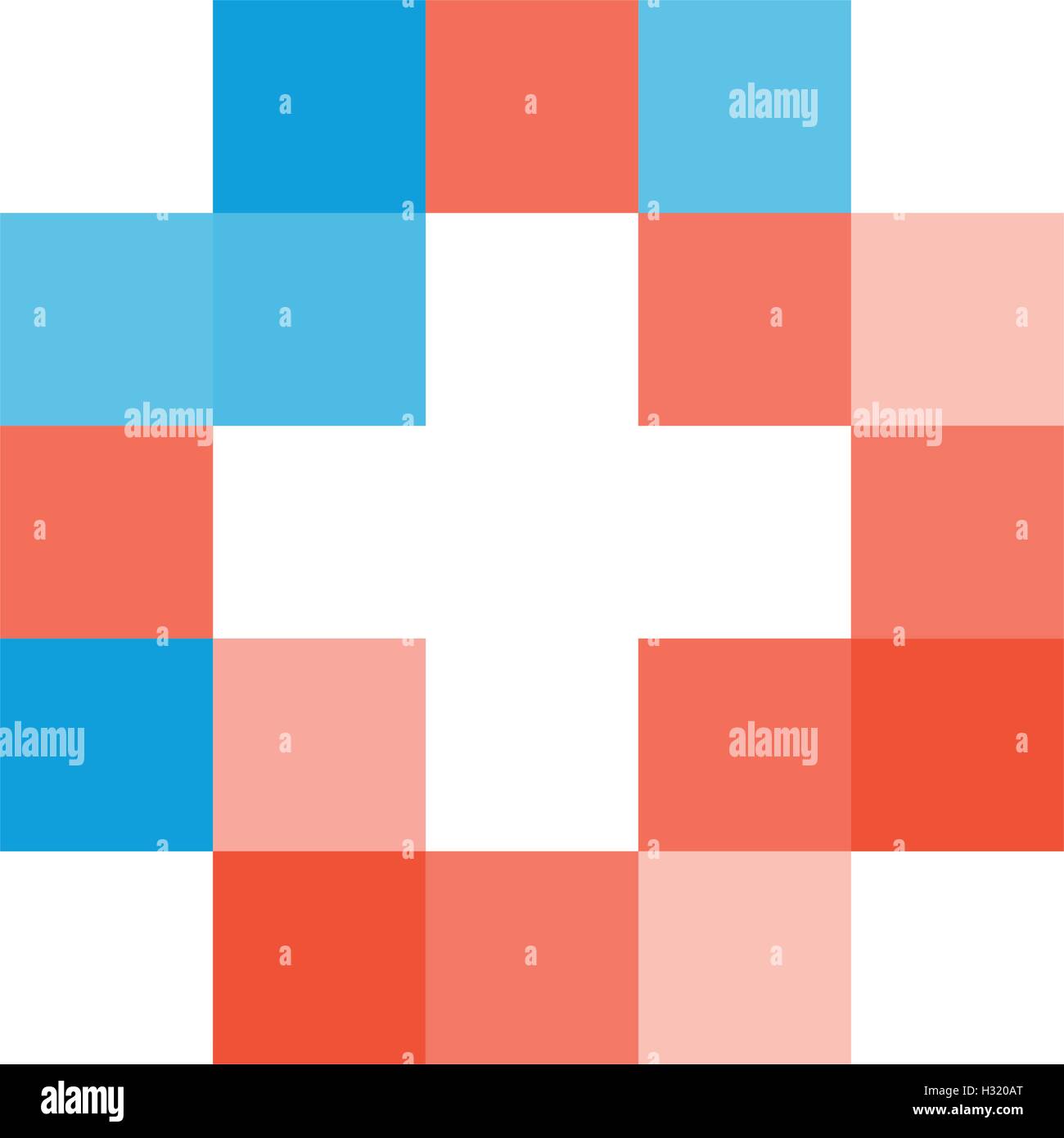 Buntes Mosaik isoliertes cross Logo. Kachel-Element. Religiöses Zeichen. Medizinischen Symbol. Krankenhaus-Ambulanz-Emblem. Doctor es Office-Symbol. Gesundheitswesen-Symbol. Vektor-Kreuz Abbildung. Stock Vektor