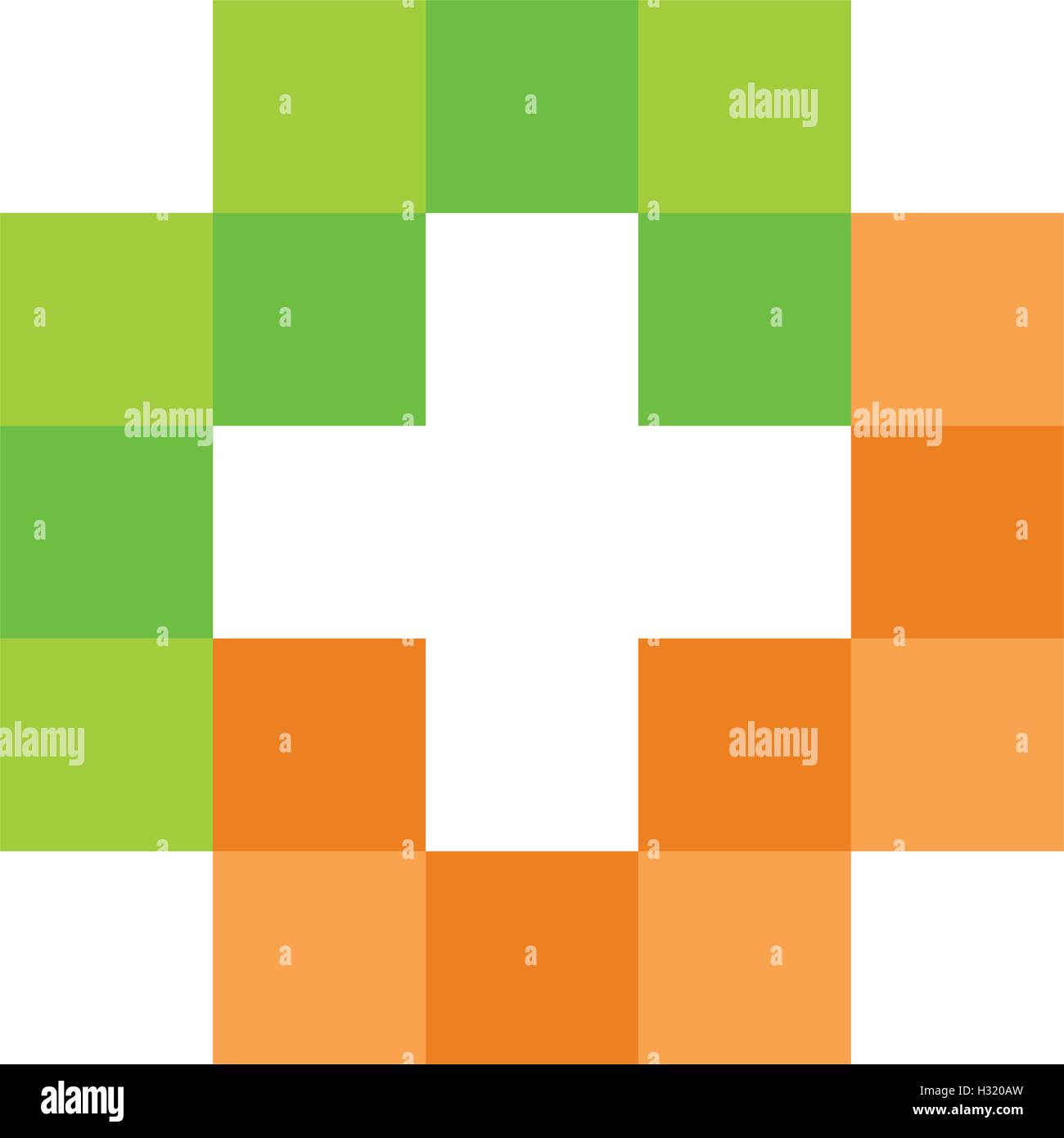 Buntes Mosaik isoliertes cross Logo. Kachel-Element. Religiöses Zeichen. Medizinischen Symbol. Krankenhaus-Ambulanz-Emblem. Doctor es Office-Symbol. Gesundheitswesen-Symbol. Vektor-Kreuz Abbildung. Stock Vektor