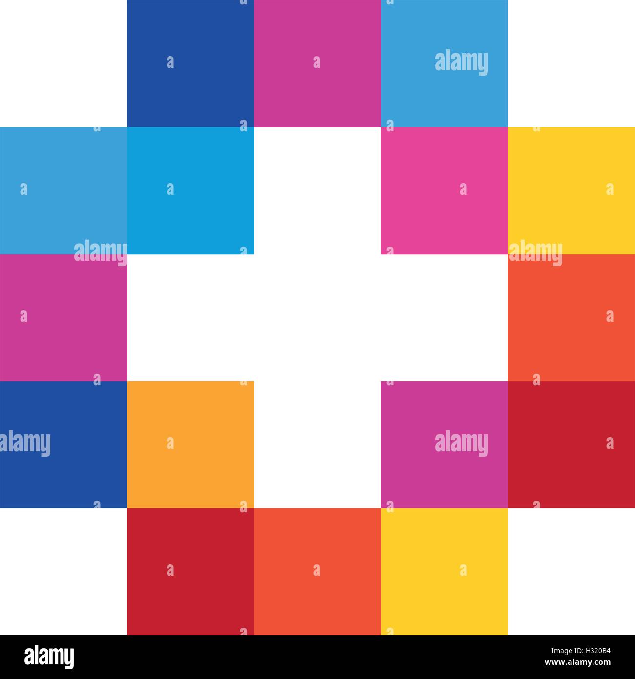 Buntes Mosaik isoliertes cross Logo. Kachel-Element. Religiöses Zeichen. Medizinischen Symbol. Krankenhaus-Ambulanz-Emblem. Doctor es Office-Symbol. Gesundheitswesen-Symbol. Vektor-Kreuz Abbildung. Stock Vektor