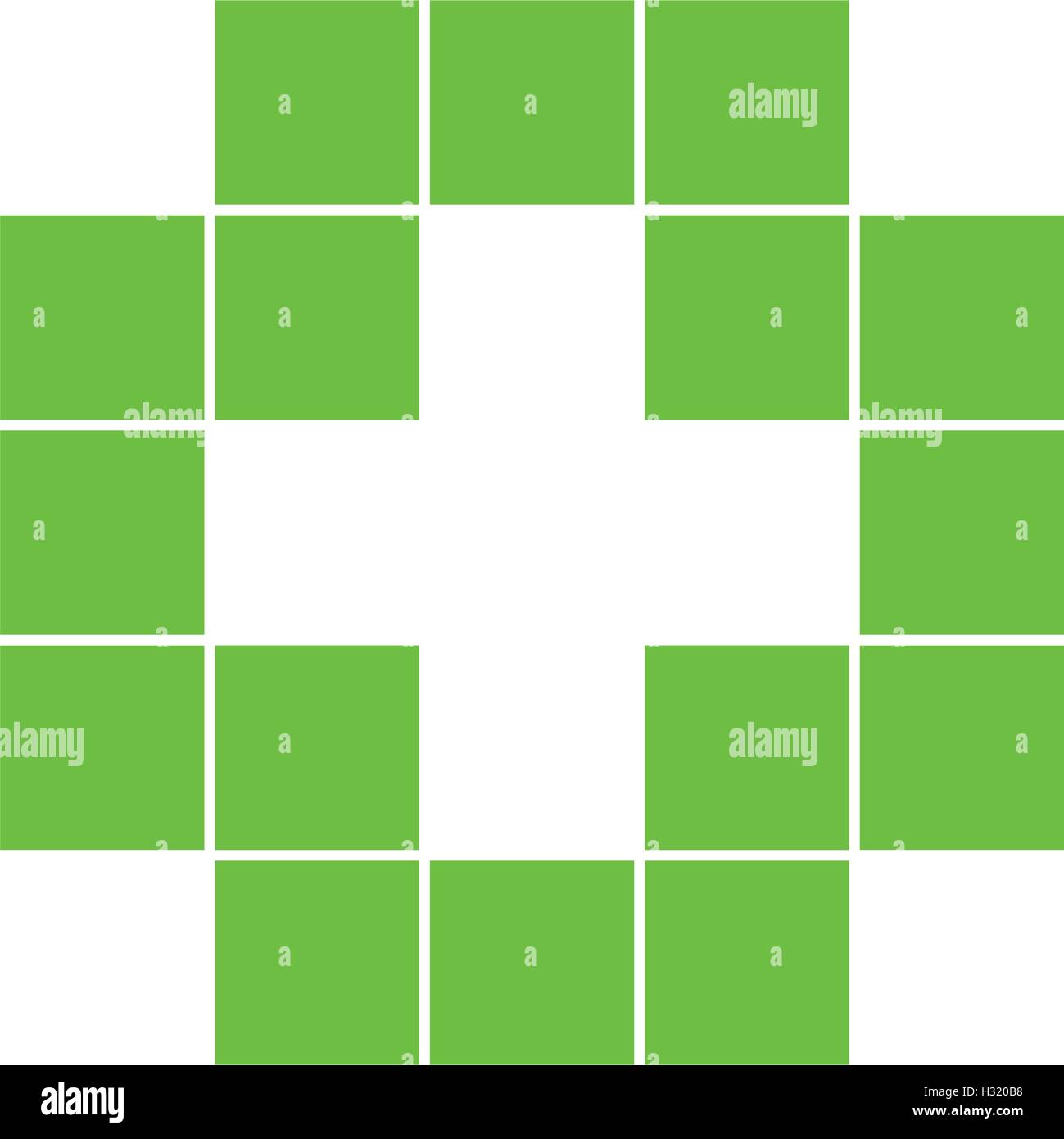 Grün isoliert Mosaik Kreuz Logo. Kachel-Element. Religiöses Zeichen. Medizinischen Symbol. Krankenhaus-Ambulanz-Emblem. Doctor es Office-Symbol. Gesundheitswesen-Symbol. Vektor-Kreuz Abbildung. Stock Vektor