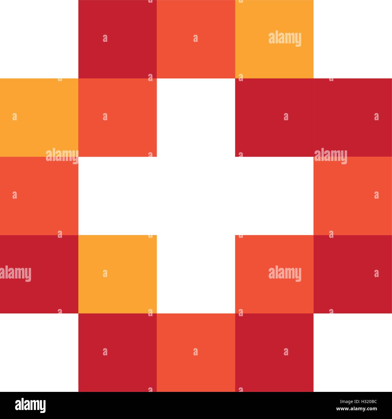 Buntes Mosaik isoliertes cross Logo. Kachel-Element. Religiöses Zeichen. Medizinischen Symbol. Krankenhaus-Ambulanz-Emblem. Doctor es Office-Symbol. Gesundheitswesen-Symbol. Vektor-Kreuz Abbildung. Stock Vektor