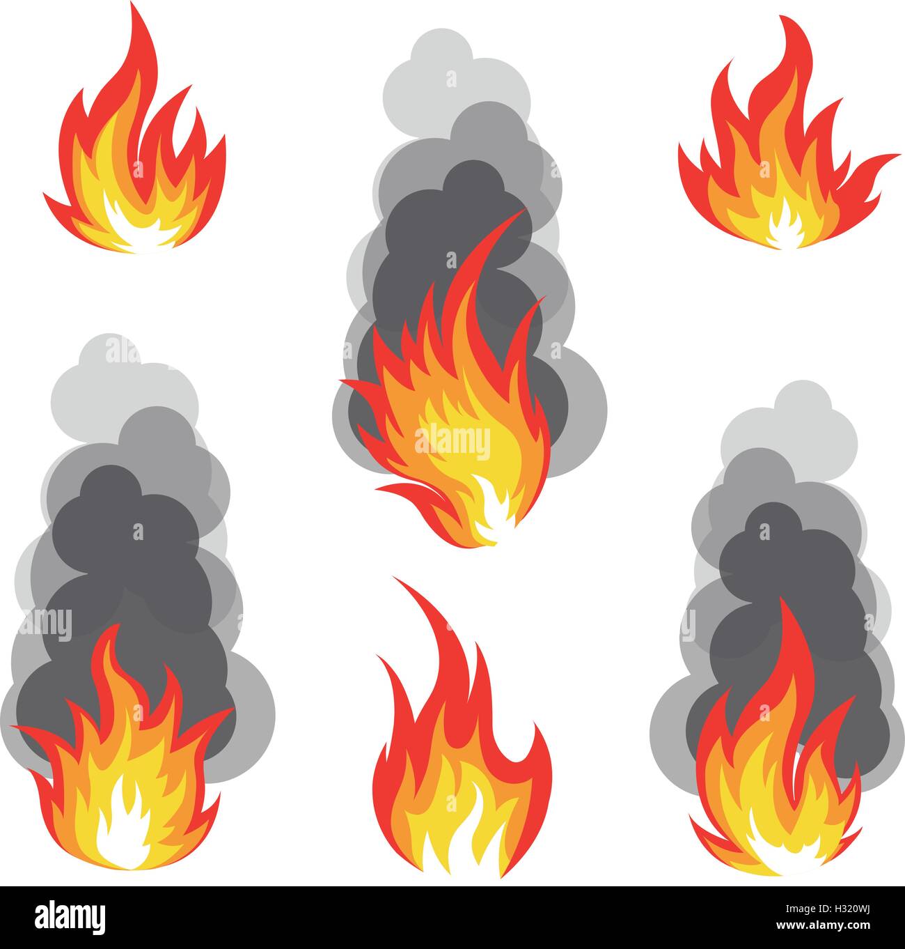 Isolierte Abstrakt rot-orange Farbe Feuer Flamme Logo auf weißem Hintergrund gesetzt. Lagerfeuer mit Rauch Logo-Sammlung. Scharfes Essen-Symbol. Hitze-Symbol. Heiße Energie Zeichen. Vektor-Illustration. Stock Vektor