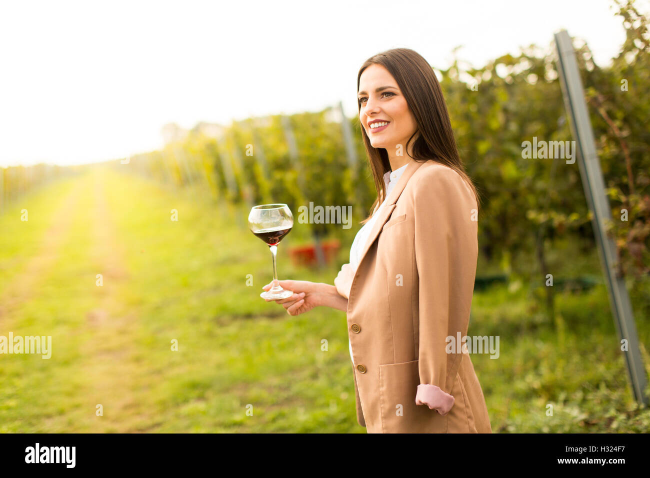 Winzer-Frau überprüfen Rotwein in einem Weinberg Stockfoto