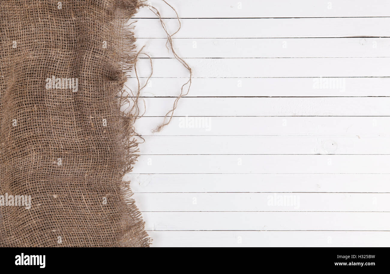 Jute auf weißem Holz Hintergrund Stockfoto