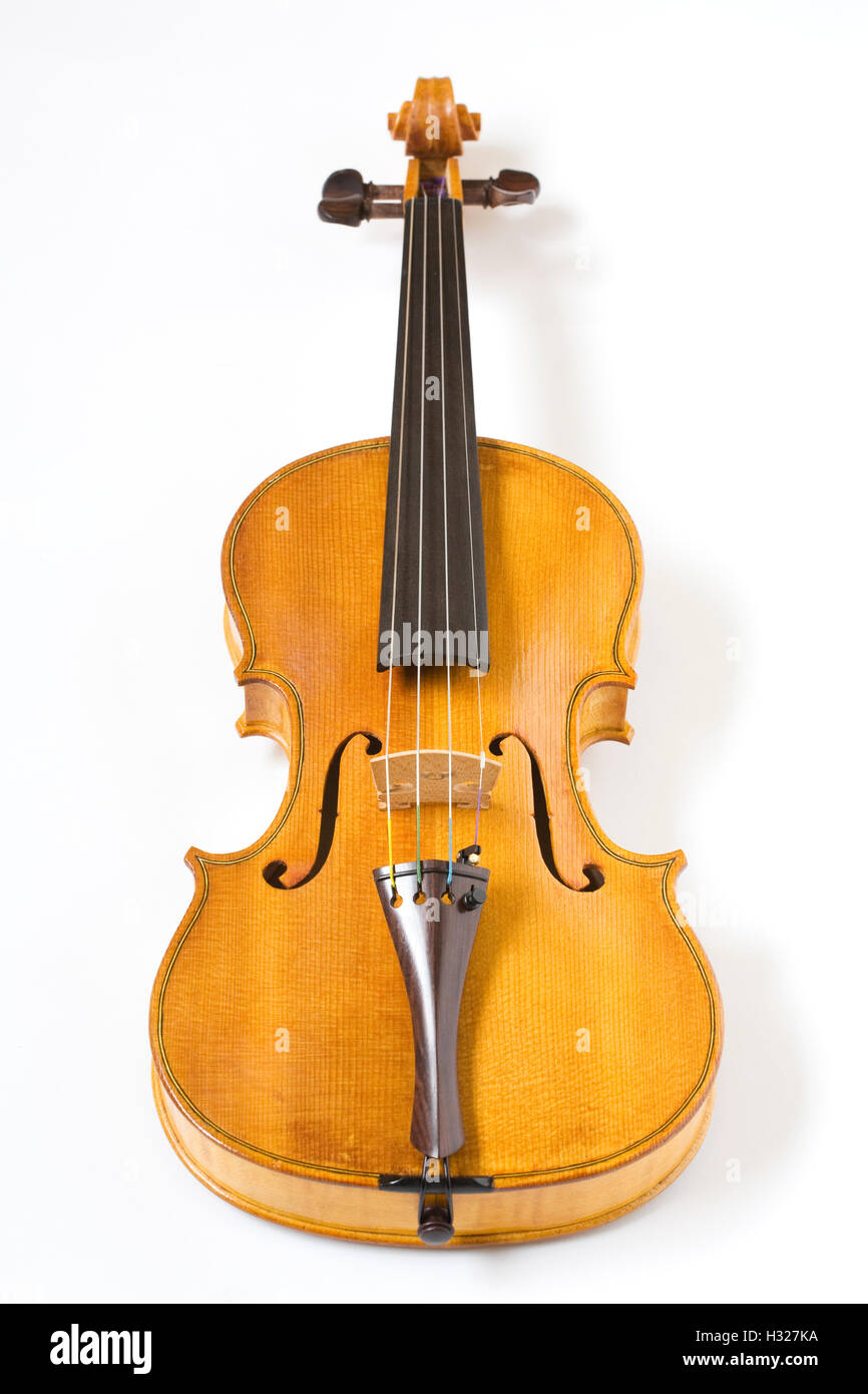 Eine Geige auf einem weißen Hintergrund. Stockfoto