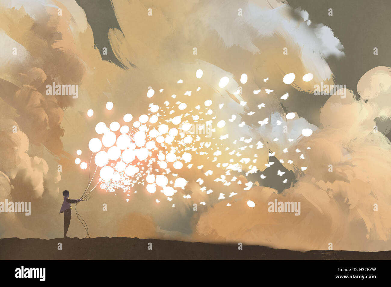 Mann loslassen, glühende Ballone und Schmetterlinge Herde in den Himmel, Illustration, Malerei Stockfoto