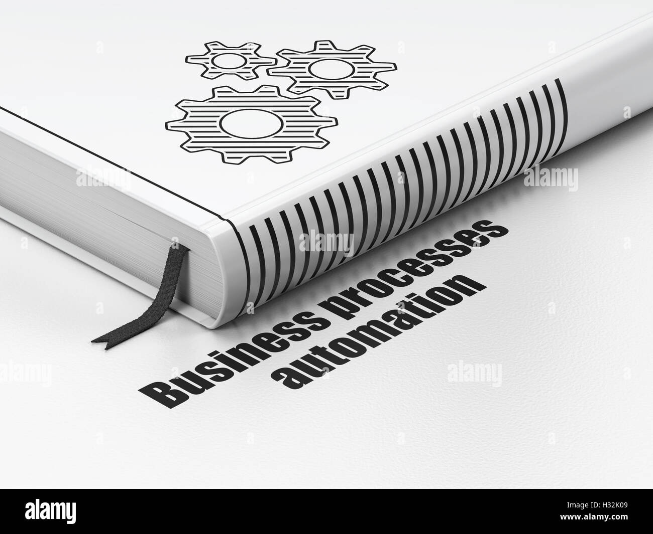 Geschäftskonzept: Buchen Sie Zahnräder, Geschaftsautomatisierung auf weißem Hintergrund Stockfoto