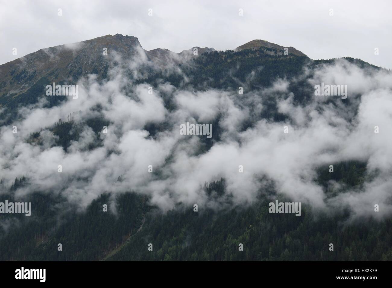 Nebel in den Bergen, an einem September-Abend. In der Nähe von Jerzens im Pitztal in Tirol, Österreich, Europa-Tal. Stockfoto