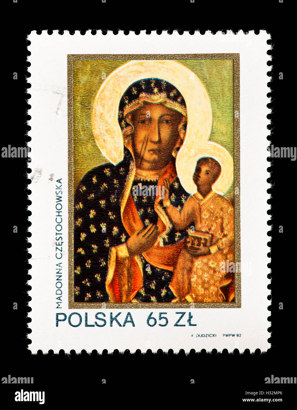 Briefmarke aus Polen, die Darstellung der Malerei schwarze Madonna von Jasna Gora, 600. Jahrestag. Stockfoto