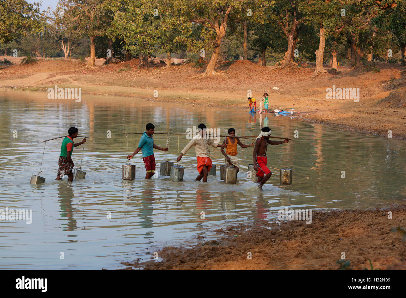 Männer holen Wasser aus einem See BHATRA Stamm, Paratola, Tahsil Bakawad, Dist Jagadalpur, Chattisgarh, Indien Stockfoto