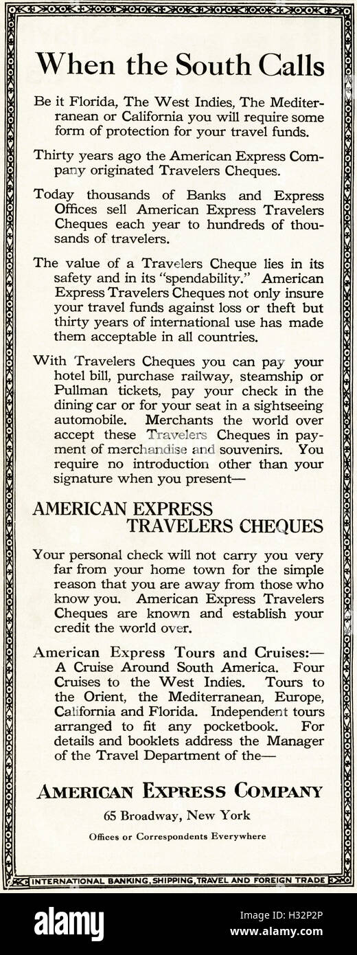 1920 Werbung aus original alten Vintage American Magazin der 1920er Jahre Werbung Werbung American Express Travelers Cheques Stockfoto