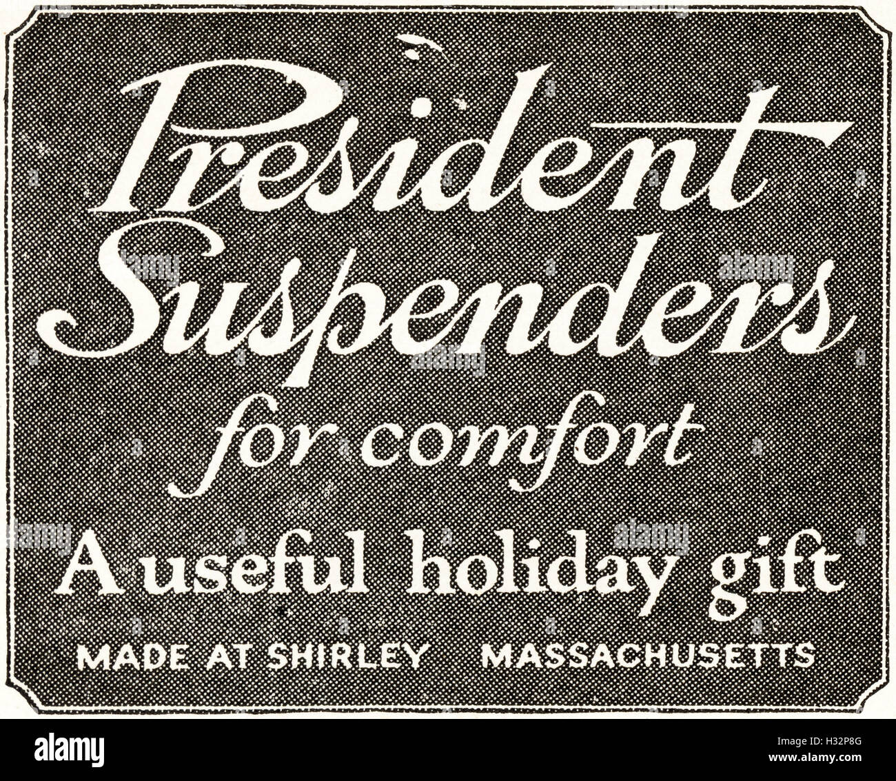 1920-Anzeige aus original alten Vintage American Magazin 1920er Jahre Werbung Werbung Präsident Hosenträger von Shirley Massachusetts USA Stockfoto