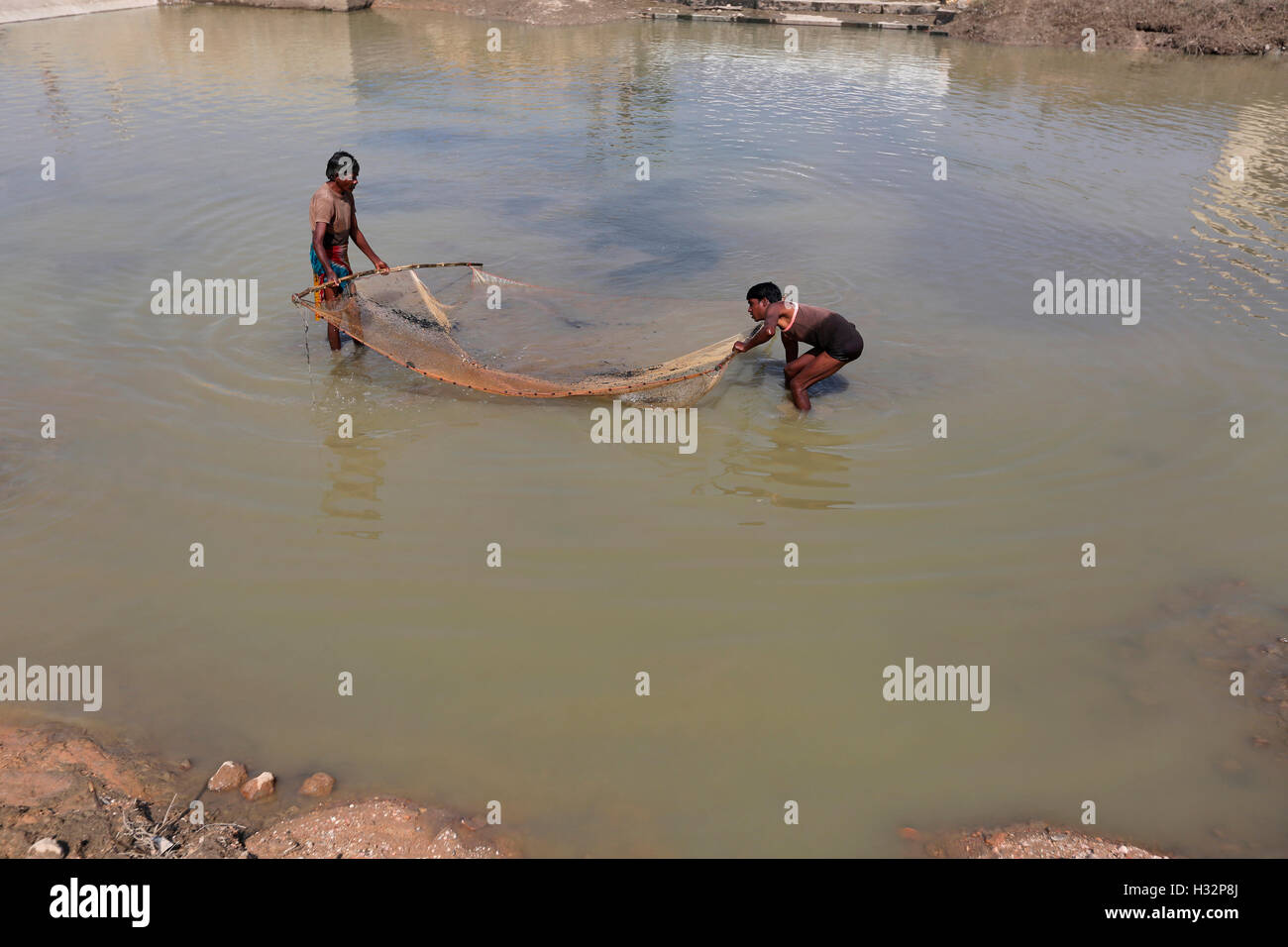 ORAON Stamm, Tribal Mann Angeln mit traditionellen Fish Net, Tatapani Dorf, Balrampur Garcias, Surguja District, Chattisgarh, In Stockfoto