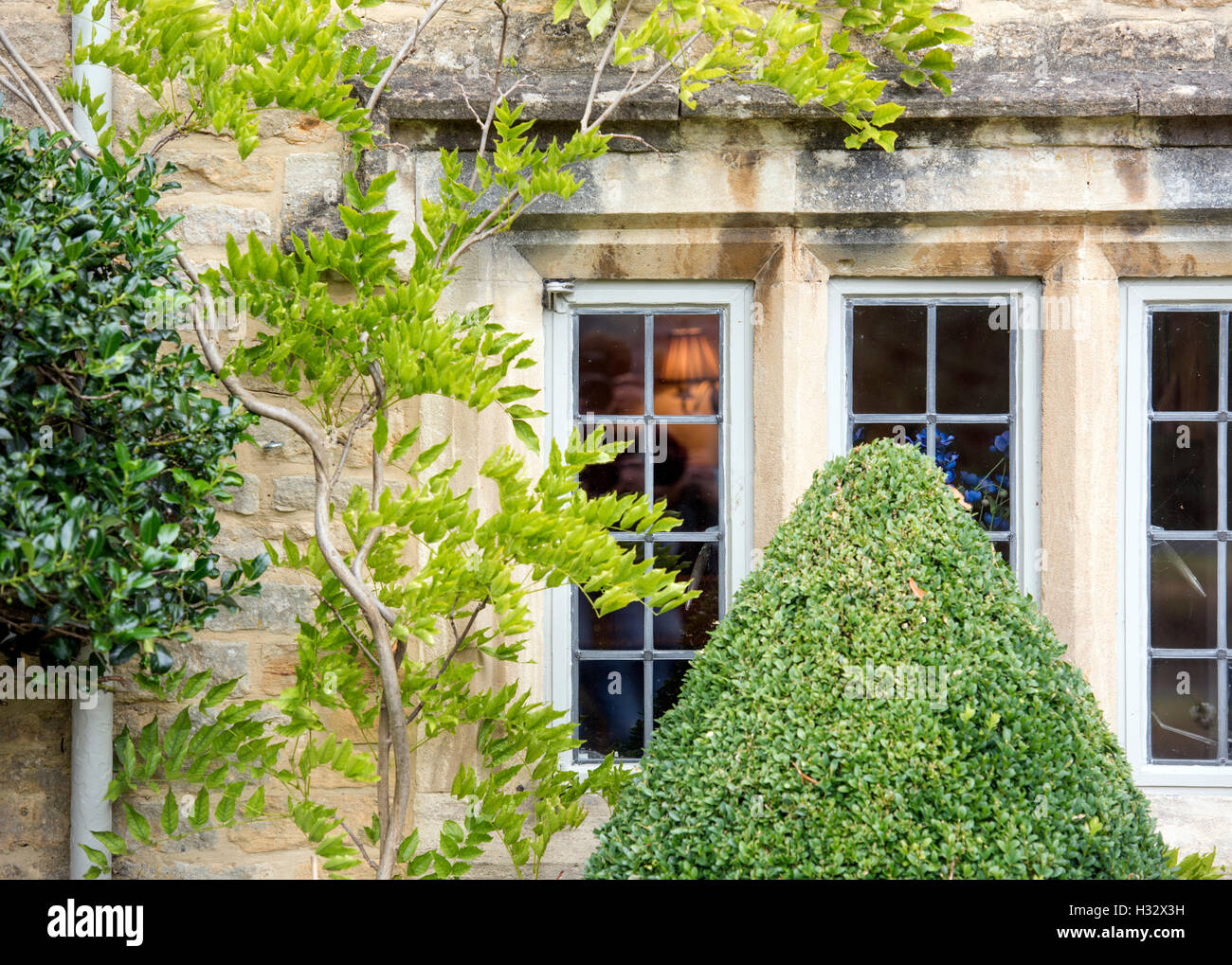 Detail eines Fensters Stein zweibogigen Hütte in Cotswold Dorf von Lower Slaughter, Gloucestershire, UK Stockfoto