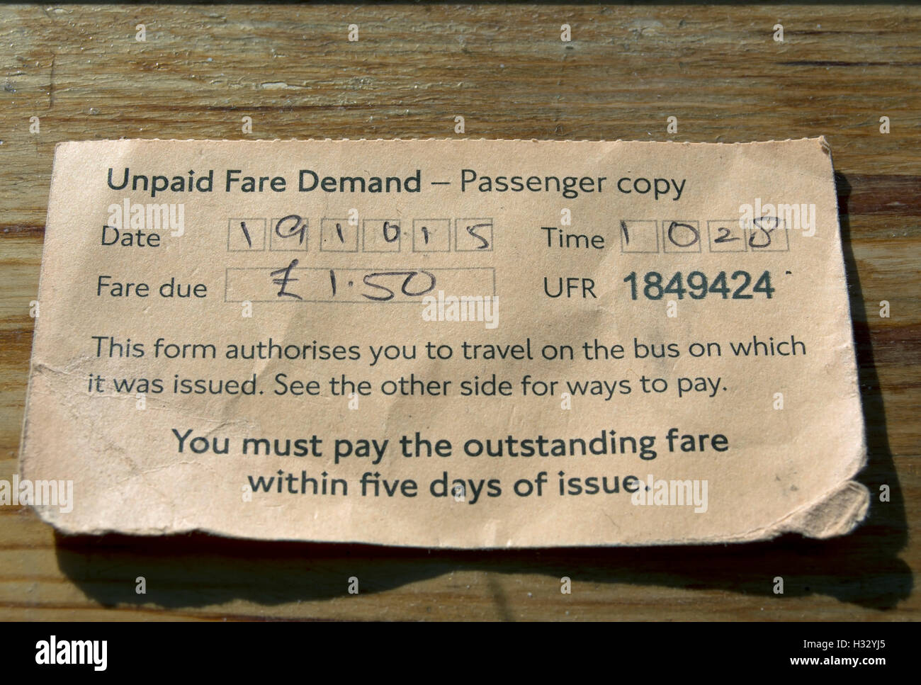 Passagier-Kopie einer nicht bezahlten Fahrpreis Nachfrage von einer Londoner Bus Firma ausgestellt Stockfoto