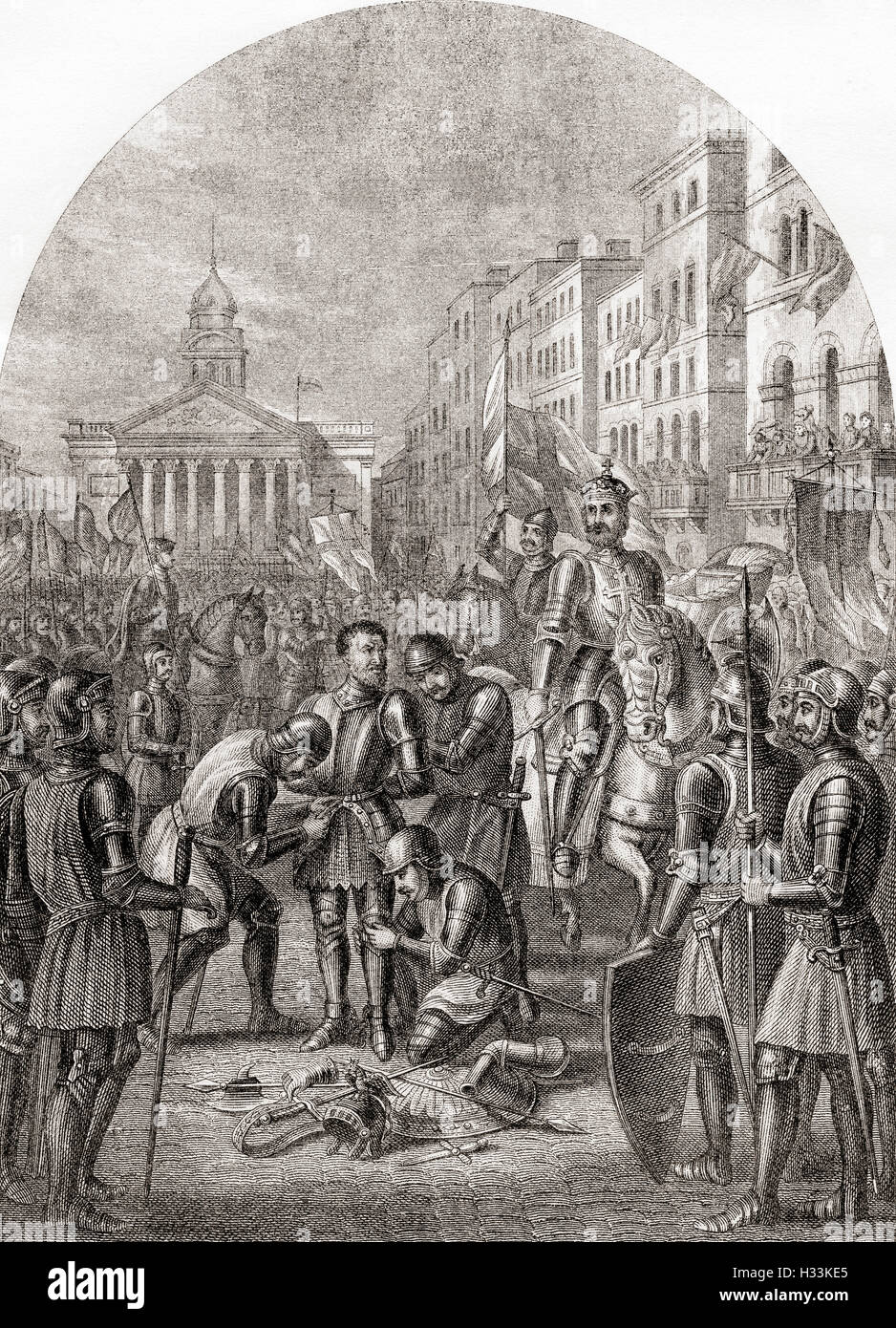 Diabolus beraubt seine Rüstung.  Illustration aus dem 1682-Roman von John Bunyan, The Holy War von König Shaddai auf Diabolus, der Metropole der Welt, oder, den Verlust wieder gemacht und dabei wieder von der Stadt Mansoul. Stockfoto