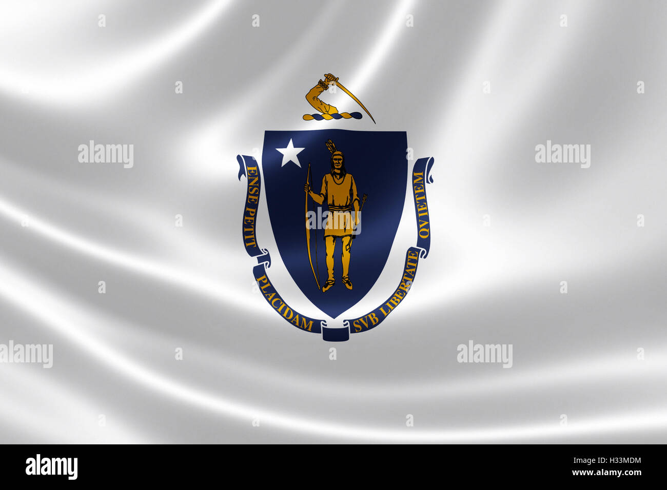 3D Darstellung der Flagge von Massachusetts auf seidige Textur. Stockfoto