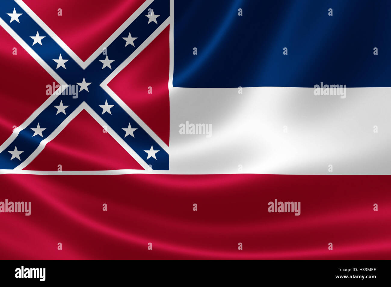 3D Darstellung der Flagge von Mississippi auf seidige Textur. Stockfoto