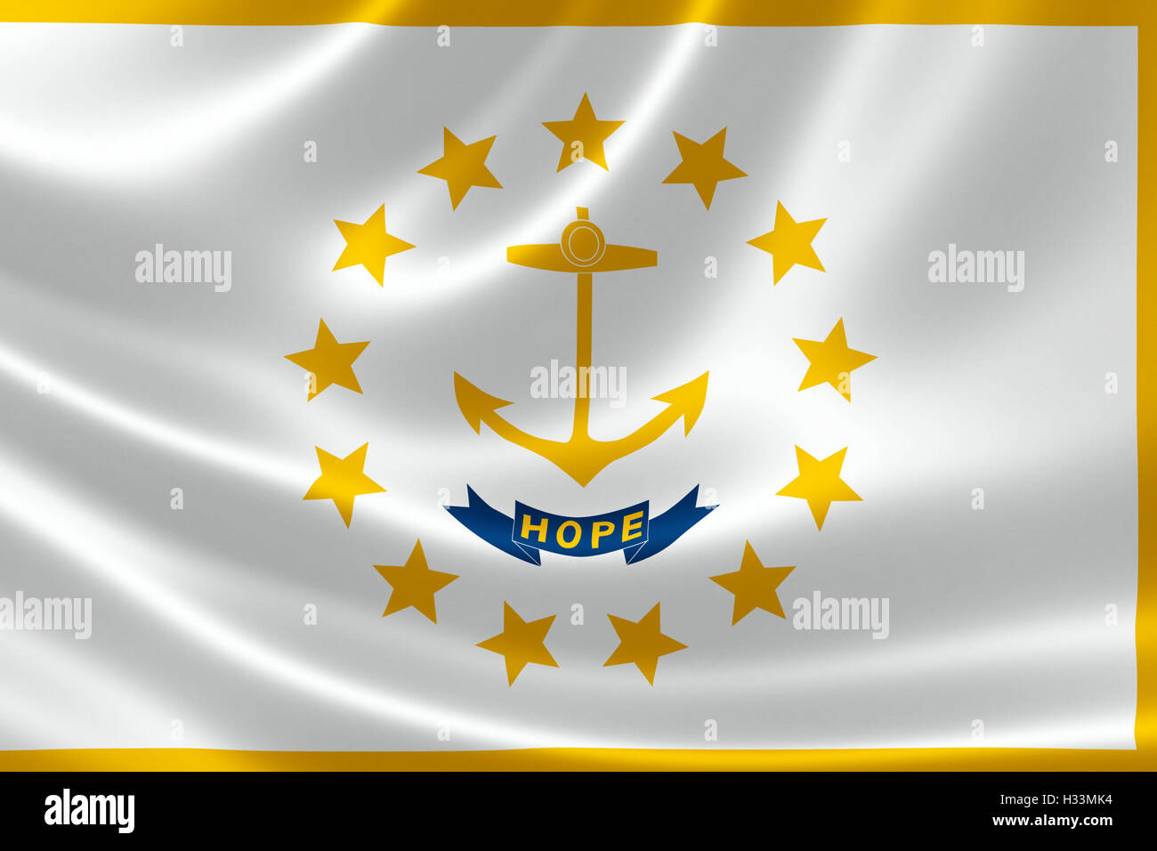 3D Darstellung der Flagge von Rhode-Island und Vorsehung-Plantagen auf seidige Textur. Stockfoto