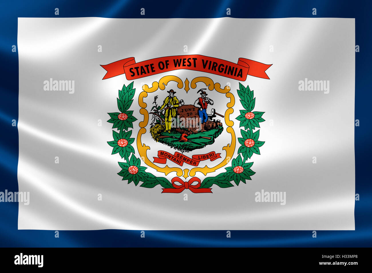 3D Darstellung der Flagge des Staates West Virginia auf seidige Textur. Stockfoto