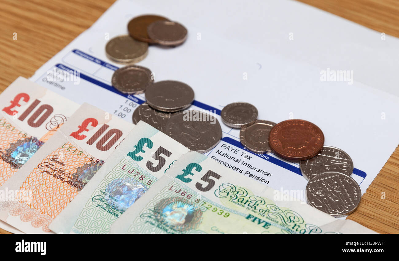 Gehaltsabrechnung und Geld Nahaufnahme Schuss Stockfoto
