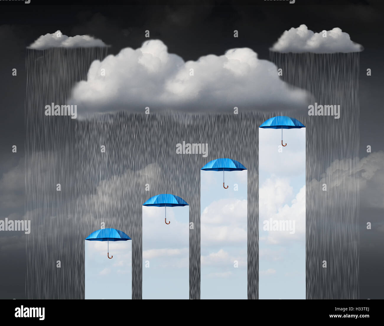 Schutz zu erhöhen als Geschäftskonzept und Wetter Infochart oder Infografik wie eine Wolke mit Regen nach unten fallen und eine Gruppe von Stockfoto