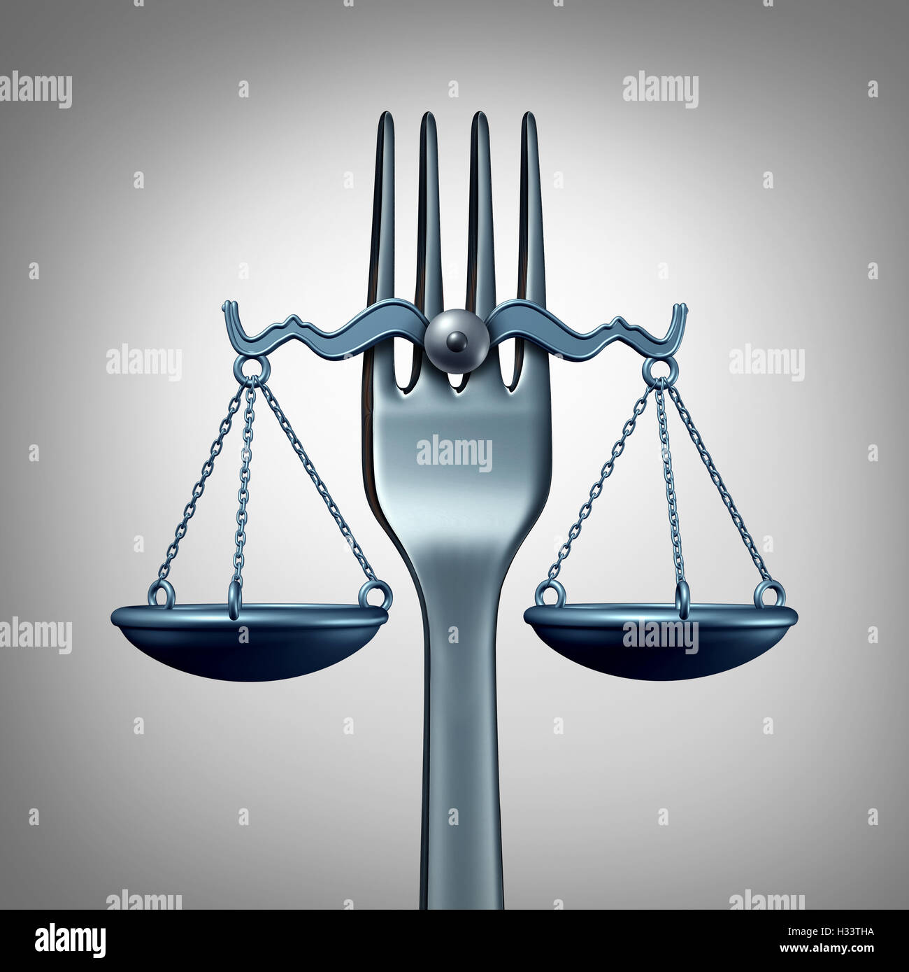 Lebensmittelrecht und gesetzlichen Vorschriften Konzept mit einer Gabel Küche geprägt als Maßstab der Gerechtigkeit als Symbol für Ernährung Inspektion oder Stockfoto