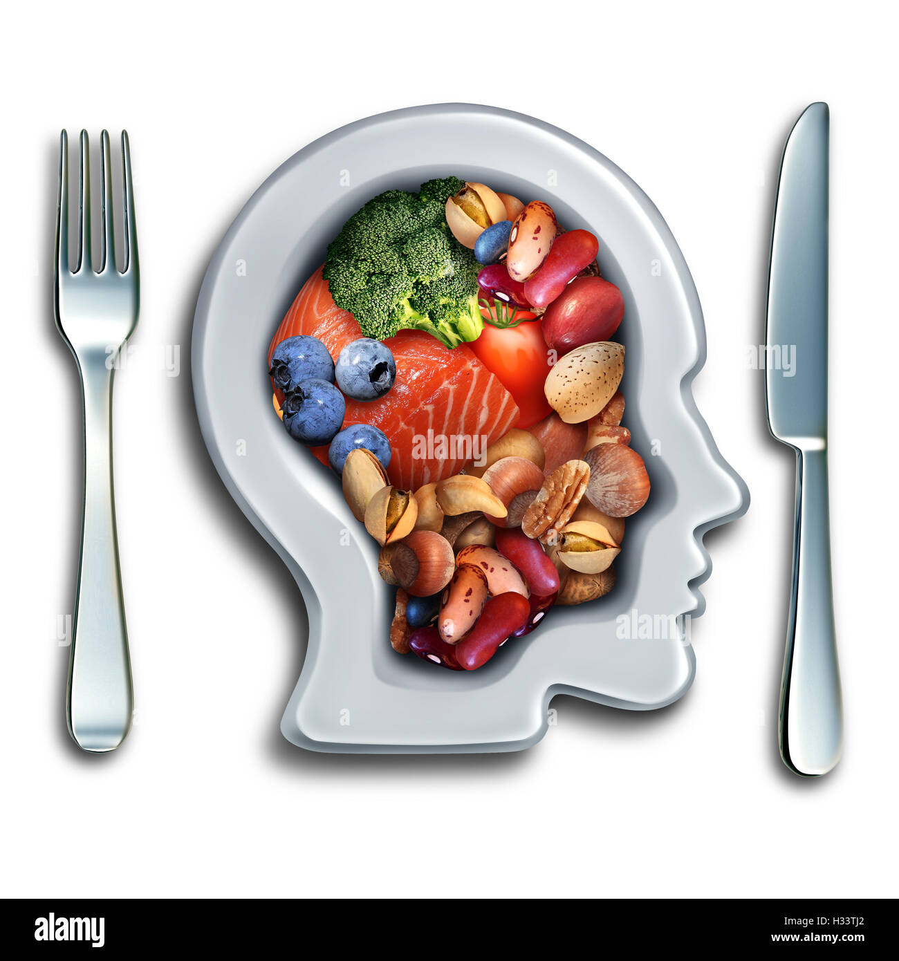 Brainfood für Schub Brainpower Ernährungskonzept als eine Gruppe von nahrhaften Nüssen Fisch Gemüse und Beeren, die reich an Omega-3-Fettsäuren mit Vitaminen und Mineralstoffen für Geist Gesundheit mit 3D Abbildung Elemente. Stockfoto