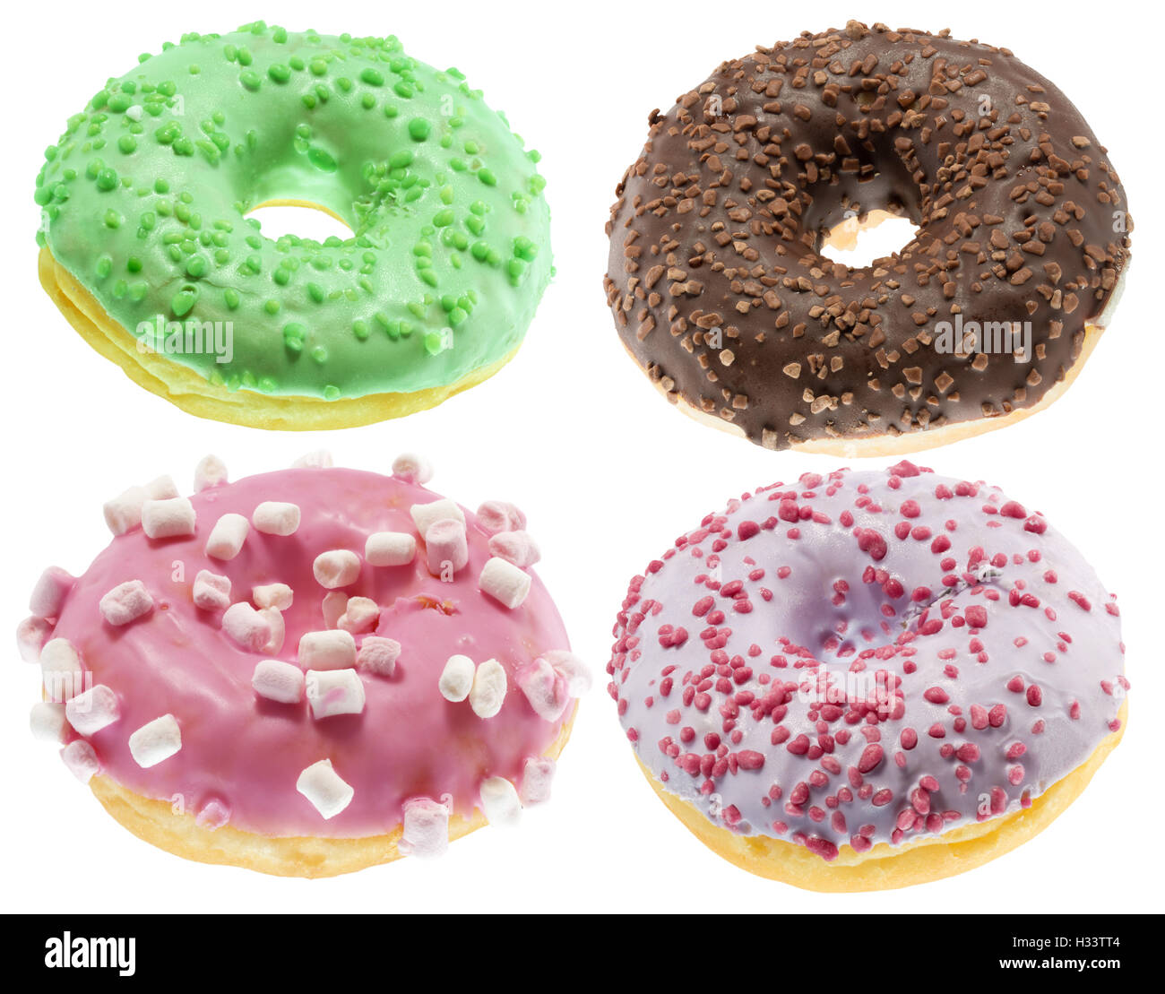 Sammlung von Donuts auf dem weißen Hintergrund isoliert. Stockfoto