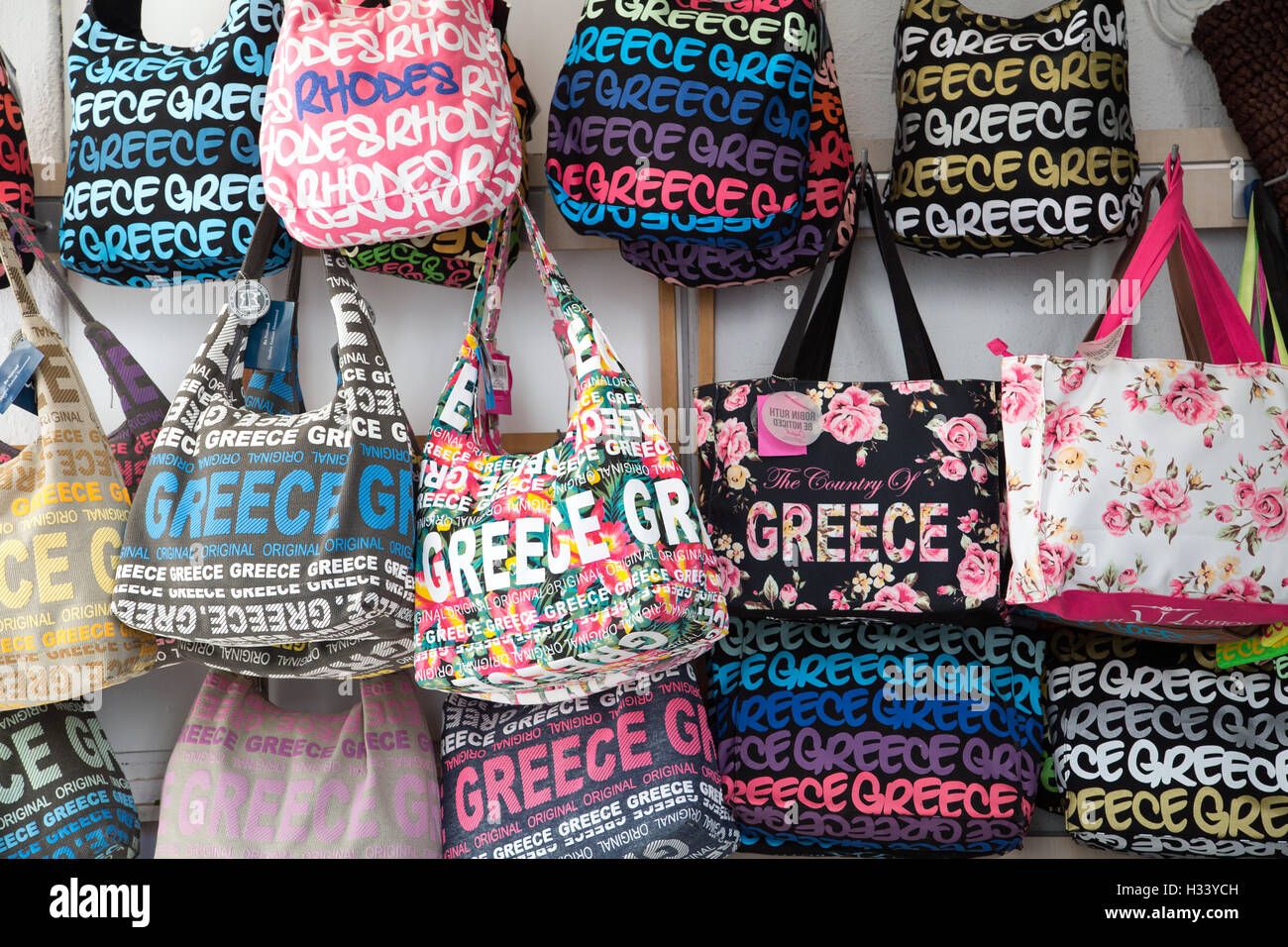 Griechischen Handtaschen Lindos Rhodos Griechenland Stockfoto