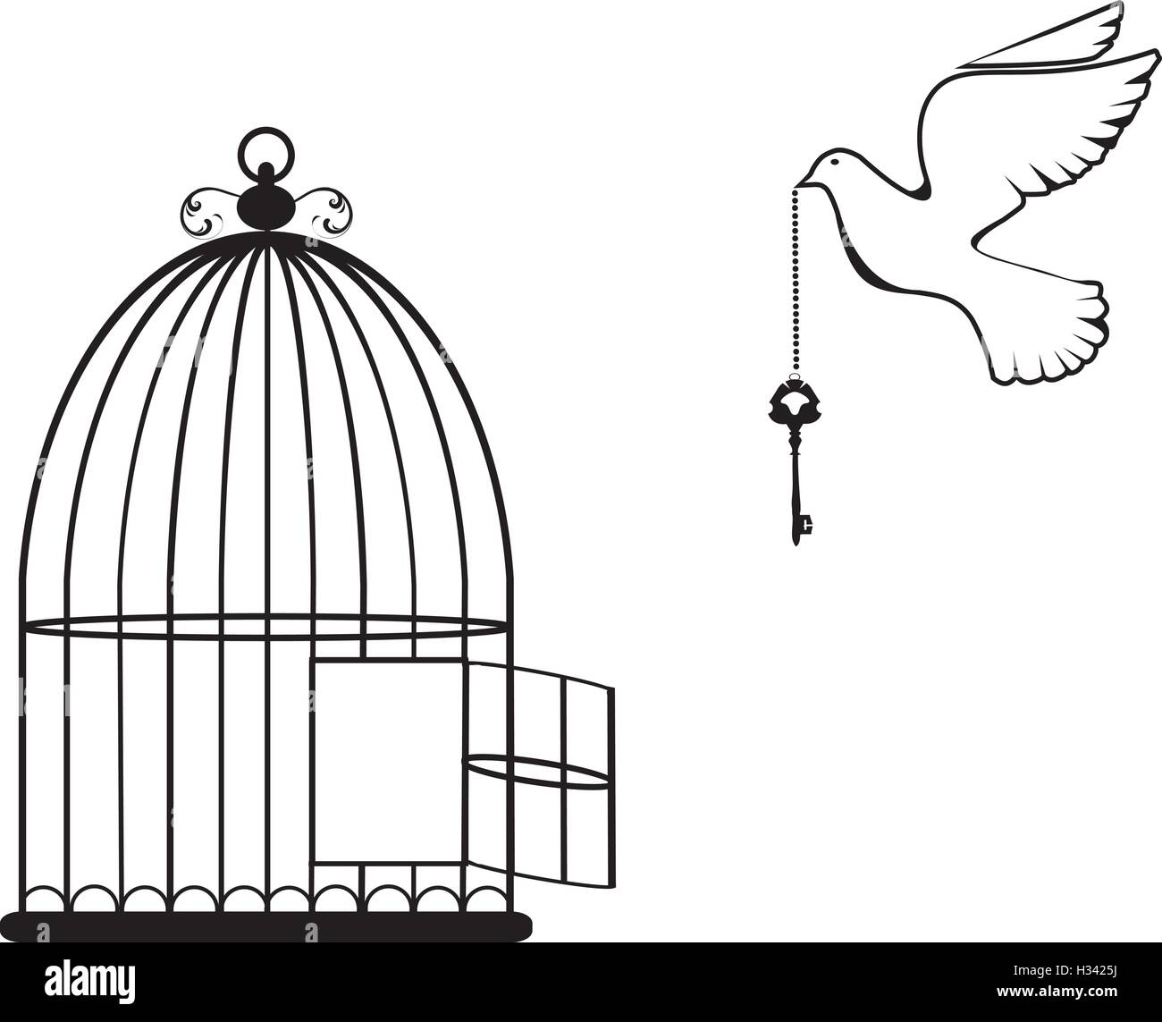 Vektor-Illustration von einem Vogelkäfig mit Taube und Schlüssel öffnen Stock Vektor