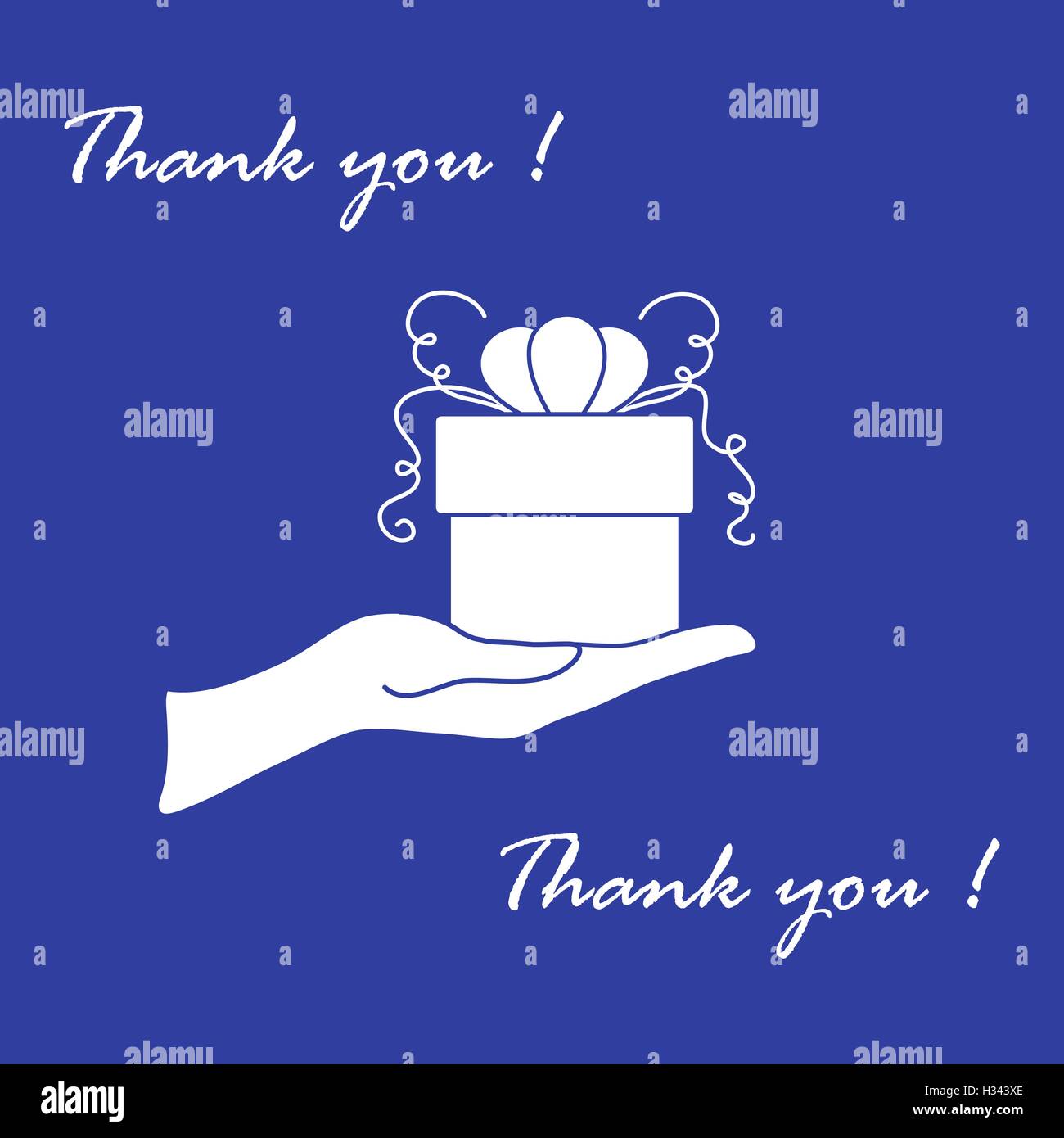 Niedliche Bild mit Hand, ein Geschenk und eine Inschrift: Ich danke Ihnen auf einem farbigen Hintergrund. Stock Vektor