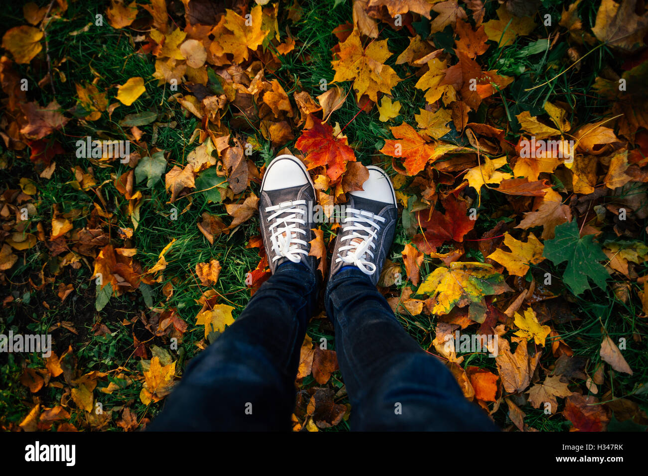 Teenager Beine in Turnschuhen und Jeans auf Anhöhe mit Herbstlaub, Draufsicht, ungewöhnlichen Perspektive Stockfoto