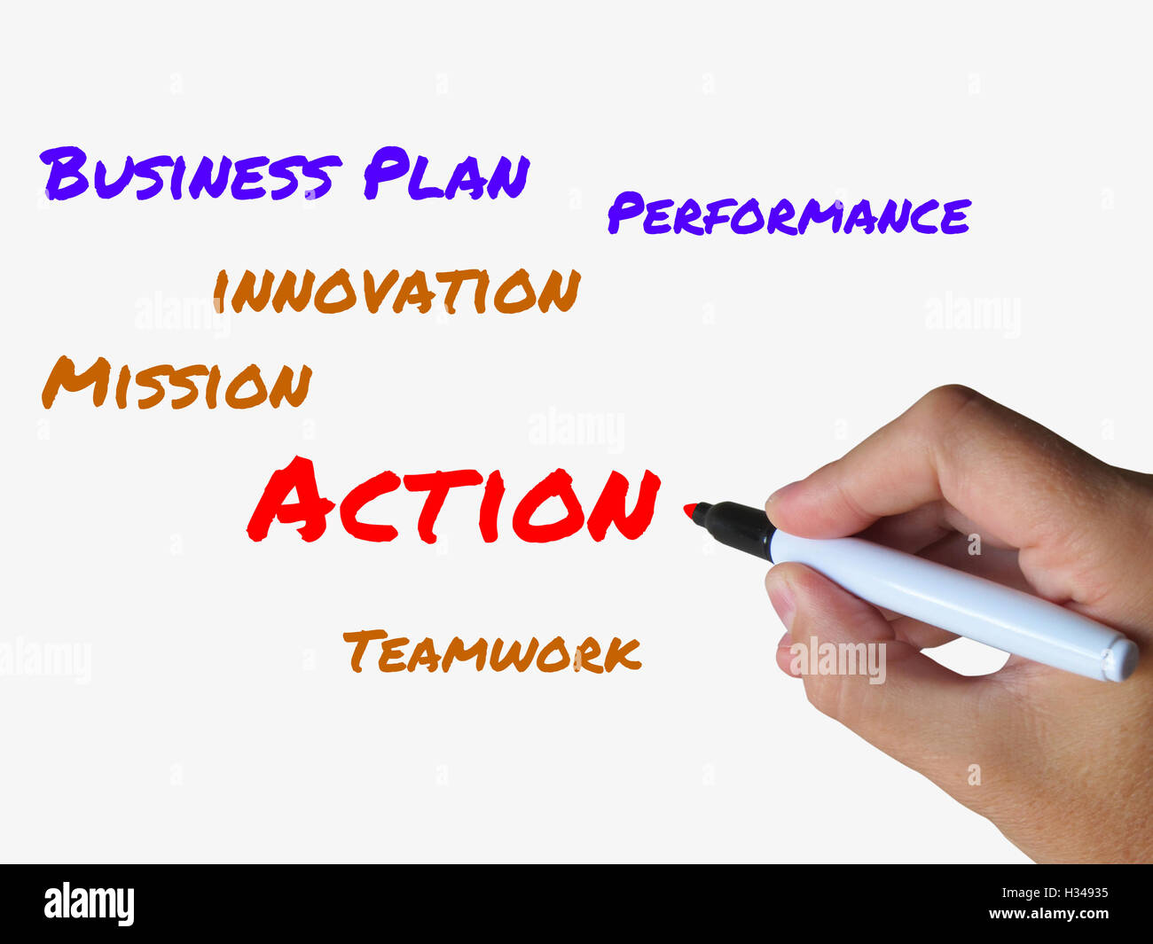 Action-Words auf Whiteboard zeigen Aktivität Mission und Leistung Stockfoto