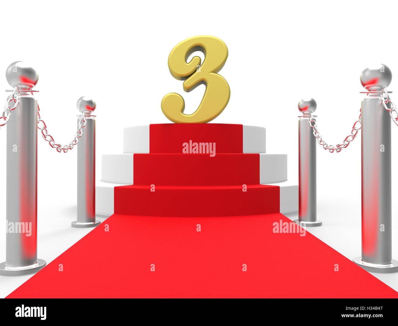 Goldene drei am roten Teppich bedeutet glänzende Bühne oder Jubiläum Teil Stockfoto