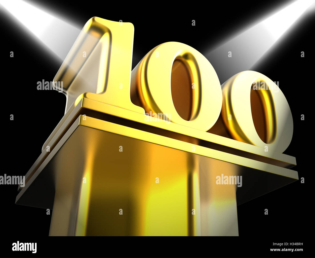 Goldene hundert auf Sockel zeigt Jahrhundert Jubiläum oder Reco Stockfoto