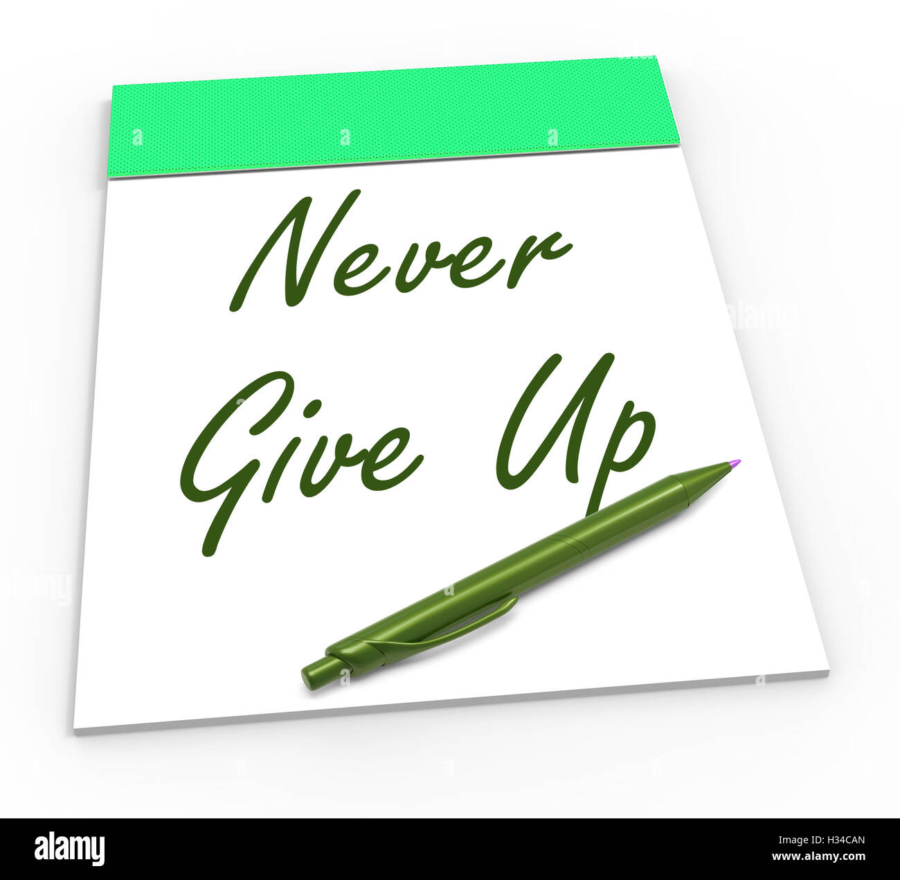 Never Give Up Notepad bedeutet Ausdauer und keine beenden Stockfoto