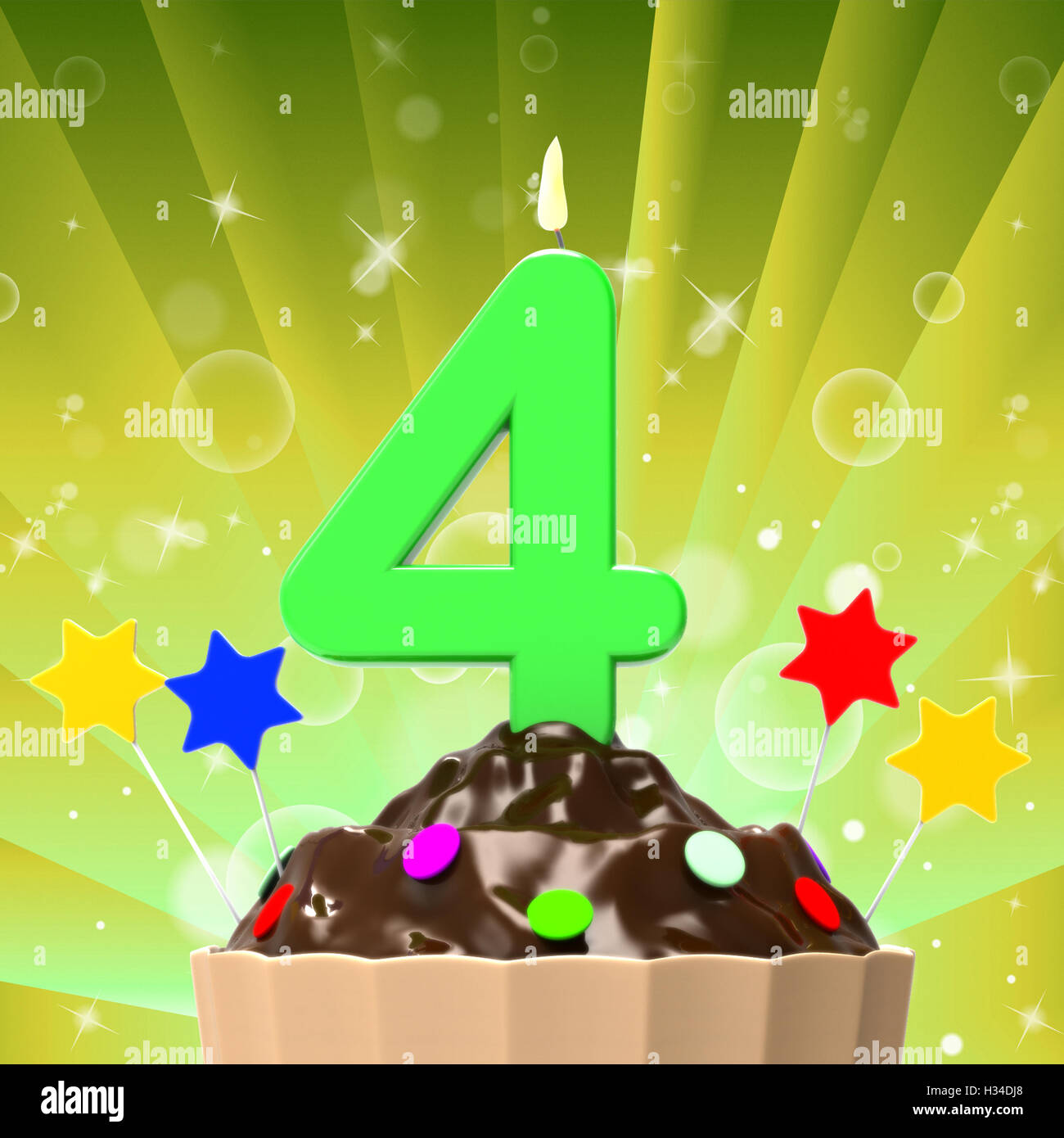 Vier Kerzen auf Cupcake-Mittel-Jubiläums-Party oder Glück Stockfoto