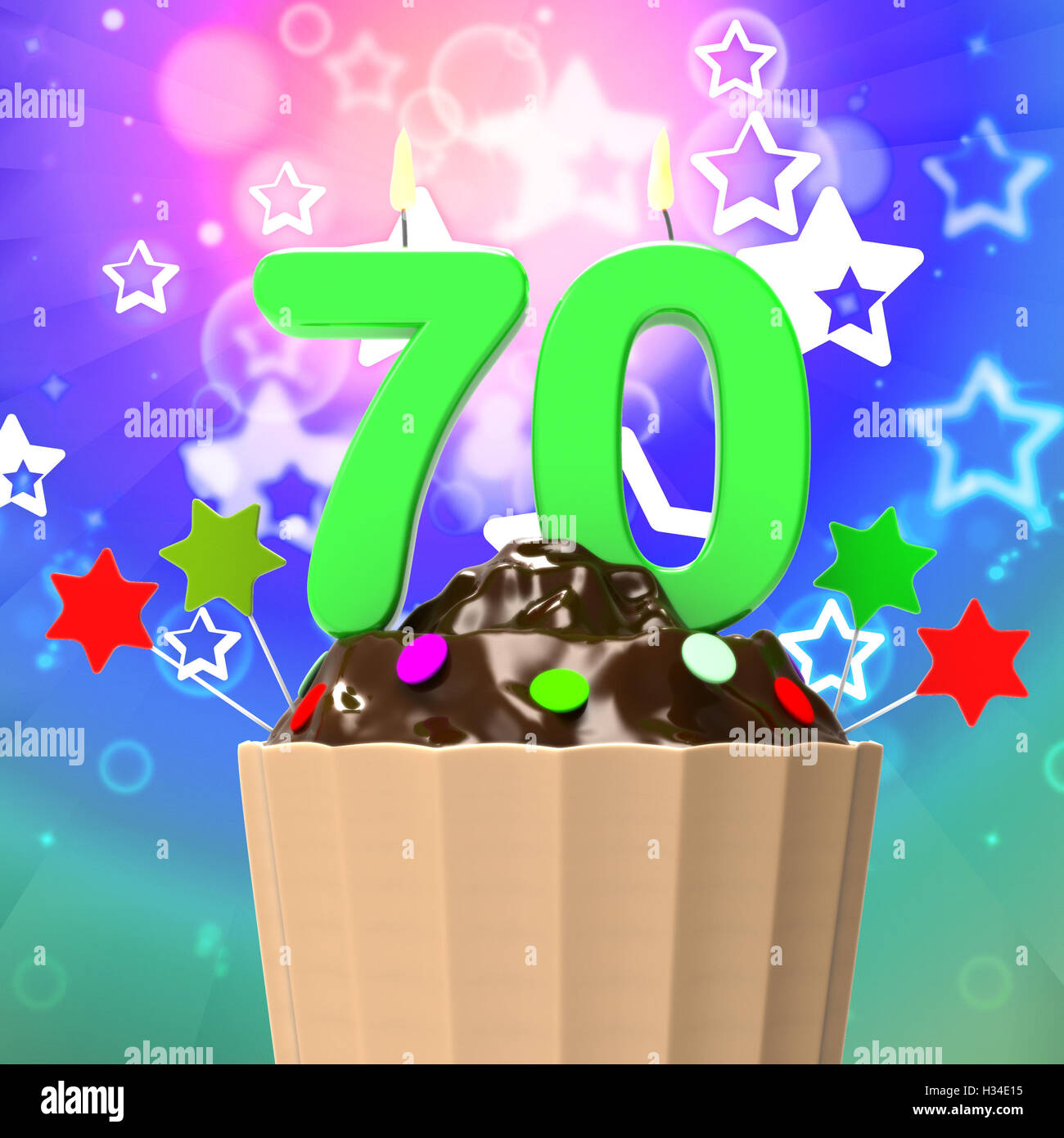 Siebzig Kerze auf Cupcake bedeutet freudige Ereignis oder bunte Party Stockfoto