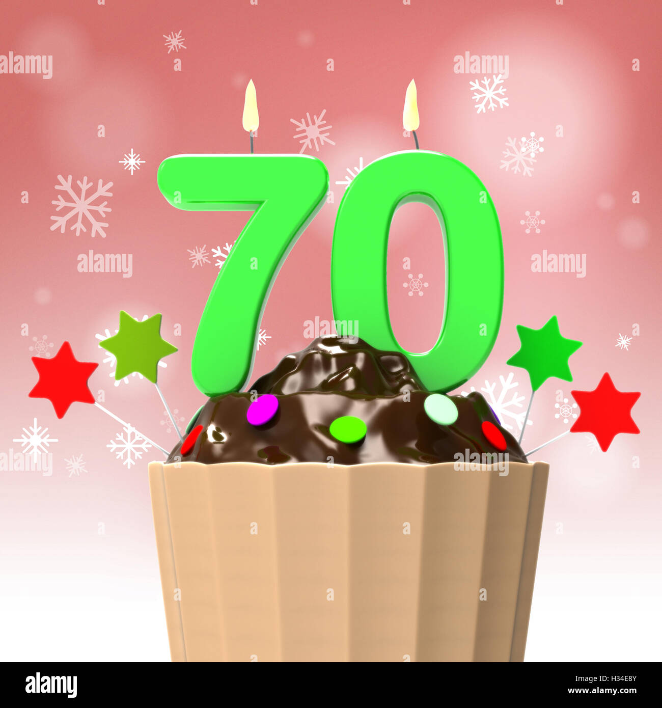 Siebzig Kerze auf Cupcake zeigt ältere Feier oder Reunion Stockfoto