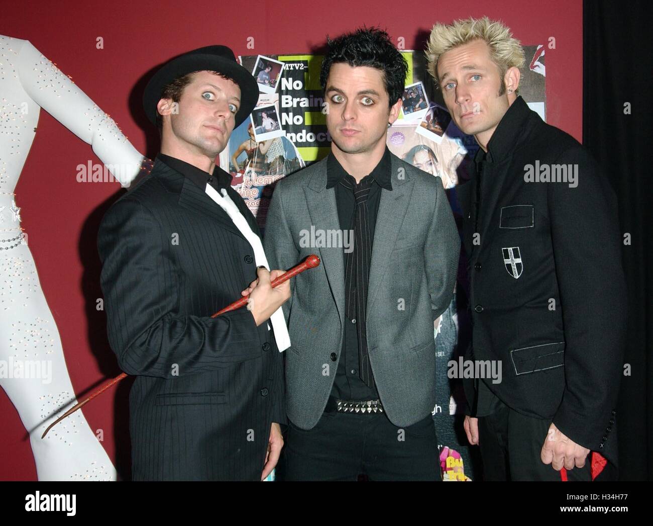 Fiule Foto datiert 30.09.2004 (links nach rechts) Tre Cool, Billie und Mike Dirnt aus Punk-Rock-Gruppe Green Day, die als die erste Überschrift zu handeln für British Summer Time Hyde Park Music Festival nächstes Jahr angekündigt worden sind. Stockfoto