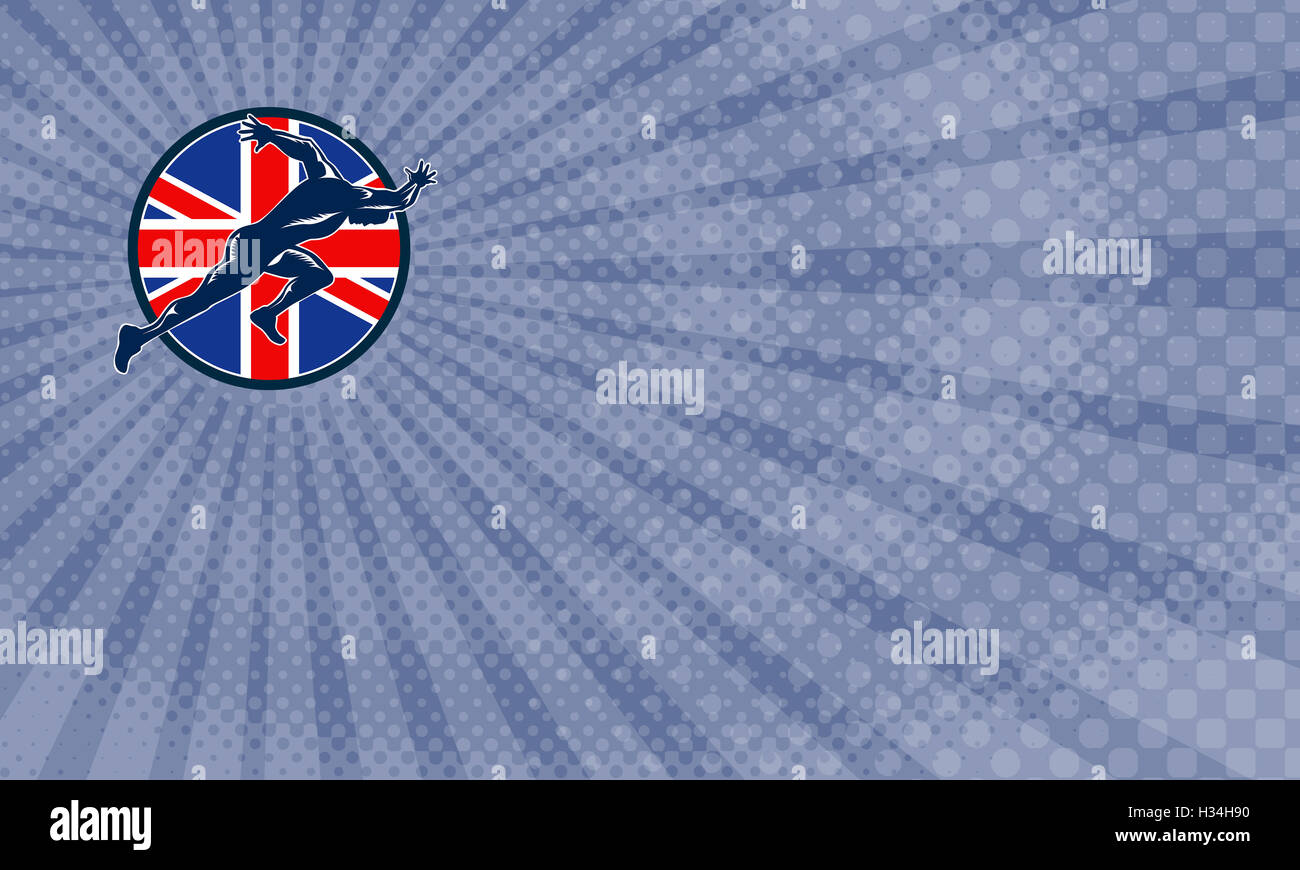 Visitenkarte mit Retro-Abbildung des Sprinters Läufer laufen, sprinten betrachtet von Seite mit Union Jack, die britischen Great Britain flag gesetzt in Schild auf weißem Hintergrund isoliert. Stockfoto