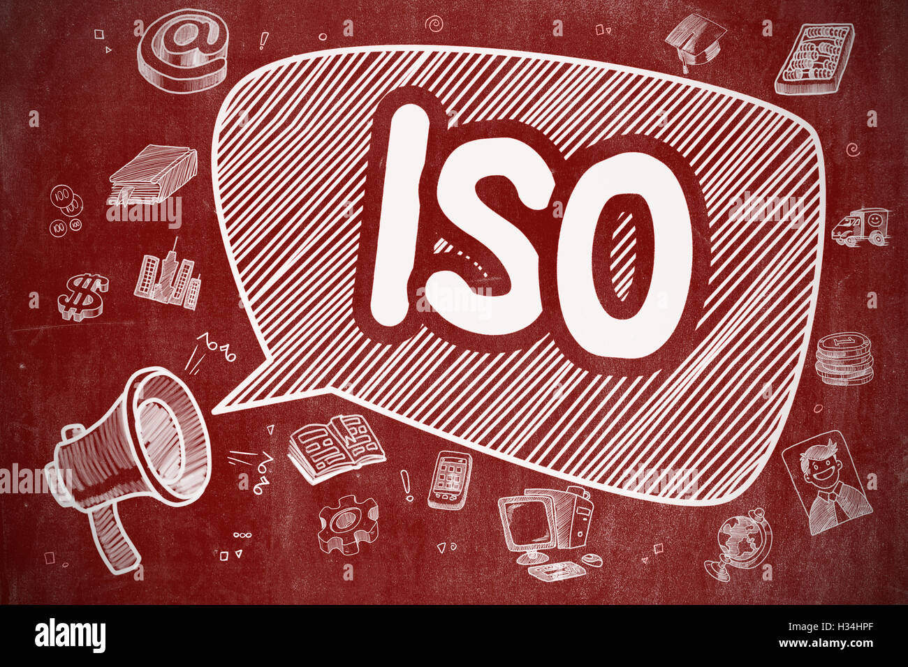 ISO - Cartoon Illustration an rote Tafel. Stockfoto